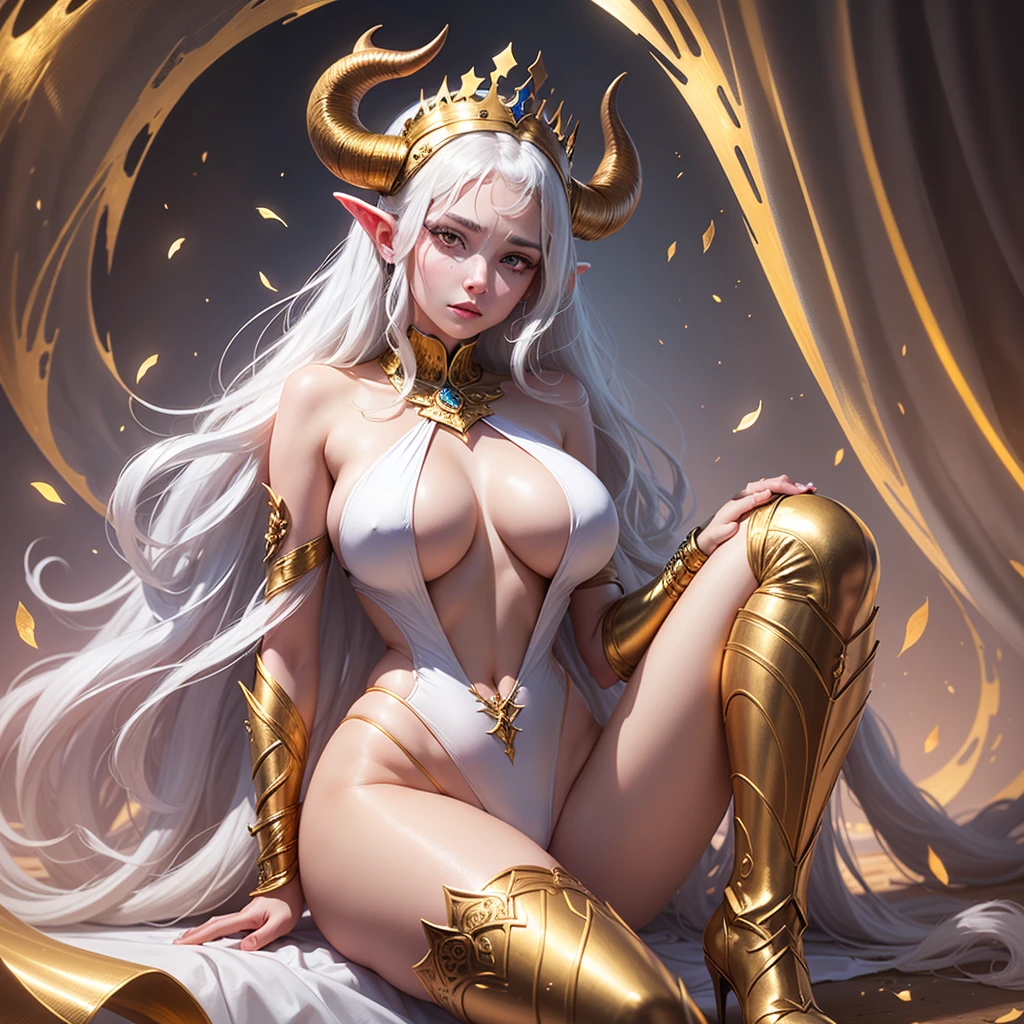 a woman in a white swimsuit, with white hair, with white eyes, blind, on her head is a golden crown, on her hands are golden bracelets, in golden boots, next to her is a demon twice as tall, with huge horns and a slender body --auto --s2