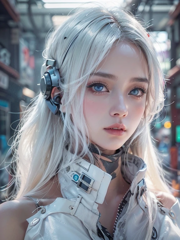 NSFW, 1girl in, , android, Cyberpunk, mechanics, (masutepiece: 1.4), (8K, Realistic, Raw photo, Best Quality: 1.4),  Sitting on the machine, I'm tired、I want to rest、Beautiful breasts, japanaese girl, Beautiful cute face, (Real Face: 1.4), perfect pussy, Beautiful hairstyle, Realistic blue eyes, Beautiful detail eyes, (Real Skin: 1.3), Beautiful skin, Attractive, Ultra High Resolution, A hyper-realistic, Cinematic lighting, white color hair, Long hair, city ruins, A futuristic world