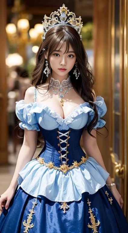Best Quality, 17 year old beautiful girl from Prague、Ultra-detailed, finely detail, hight resolution, Beautiful detailed eyes , ,Sexually aroused face、,Dynamic Angle,Looking at Viewer(Rococo Ball Gown、Gorgeous embroidered white and royal blue ruffles),(Gorgeous embroidered white and royal blue ruffled rococo ball gown),(Fluffy white and royal blue ball gown、gorgeous embroidery),corsets,((hoop skirt)),Princess dress with lots of jewels,((gorgeous embroidery)),(royal blue trim),((crinoline)),Opera Globe,Tiara adorned with finely decorated jewels, gem earrings,Finely decorated necklace,Beautifully jeweled ornaments,Indoor,Royal Ballroom,light Particle,((Upper body naked、Beautiful breasts sticking out、beautiful nipple、))face lights、Rim Lights((Angle up to the knee))