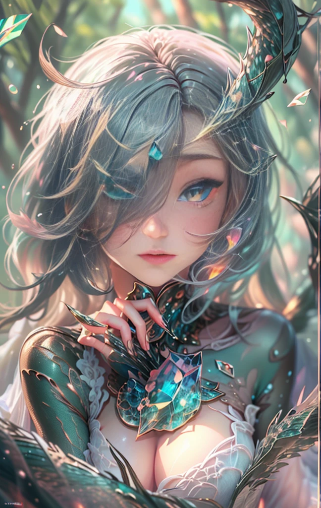 (Masterpiece, Top Quality, Best, Official Art, Beautiful and Aesthetic, Long Exposure: 1.2), Smooth Movement, Charming Patterns, 1 Girl, (Long Dress with Sleeves: 1.3), (((multi colour Clothes) )), upper body close-up, bare shoulders, european girl, dragon girl, has dragon scales, blush, black lob hair, portrait, solo, upper body, looking at the observer, detailed background, detailed face, (crystallineAI, crystalline theme:1.1), elemental dragon girl, rotation foliage, control foliage, nude, dynamic pose, floating particles, ethereal dynamics, foliage, vapor, forest in the background, green tint, forest, ethereal atmosphere, naked, erect nipples , blush, empress, lens flare, prefect face, perfect body, ultra detailed, high resolution, unreal engine 5, ultra detailed eyes, colourful hue, magic casting , space portal, full body view