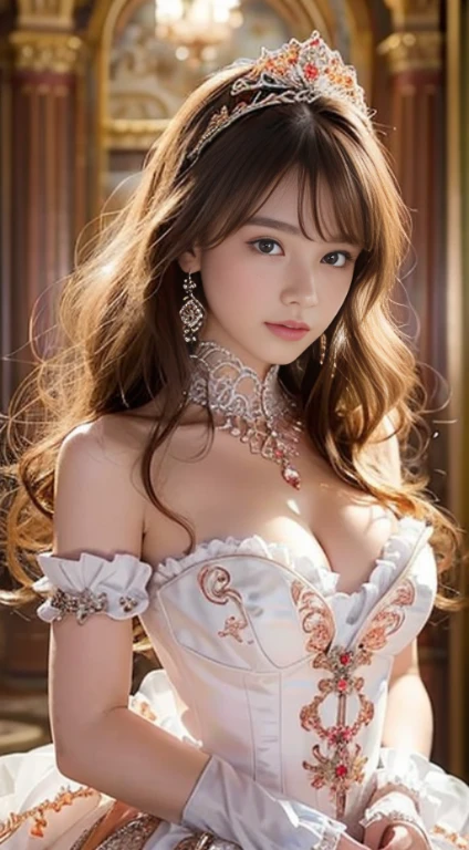 Best Quality, 17 year old beautiful girl from Prague、Ultra-detailed, finely detail, hight resolution, Beautiful detailed eyes , ,Sexually aroused face、,Dynamic Angle,Looking at Viewer(Rococo Ball Gown、Gorgeous embroidered white and rose gold ruffles),(Gorgeous Embroidered White and Rose Gold Ruffle Rococo Ball Gown),(Fluffy white and rose gold ball gown、gorgeous embroidery),corsets,((hoop skirt)),Princess dress with lots of jewels,((gorgeous embroidery)),(Rose Gold Trim),((crinoline)),Opera Globe,Tiara adorned with finely decorated jewels, gem earrings,Finely decorated necklace,Beautifully jeweled ornaments,Indoor,Royal Ballroom,light Particle,((Beautiful exposed breasts))face lights、Rim Lights