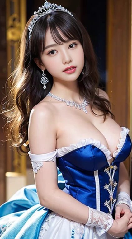 Best Quality,  beautiful girl from Prague、Ultra-detailed, finely detail, hight resolution, Beautiful detailed eyes , ,Sexually aroused face、,Dynamic Angle,Looking at Viewer(Rococo Ball Gown、Gorgeous embroidered white and royal blue ruffles),(Gorgeous embroidered white and royal blue ruffled rococo ball gown),(Fluffy white and royal blue ball gown、gorgeous embroidery),corsets,((hoop skirt)),Princess dress with lots of jewels,((gorgeous embroidery)),(royal blue trim),((crinoline)),Opera Globe,Tiara adorned with finely decorated jewels, gem earrings,Finely decorated necklace,Beautifully jeweled ornaments,Indoor,Royal Ballroom,light Particle,((Upper body naked、Beautiful breasts sticking out、beautiful nipple、))face lights、Rim Lights