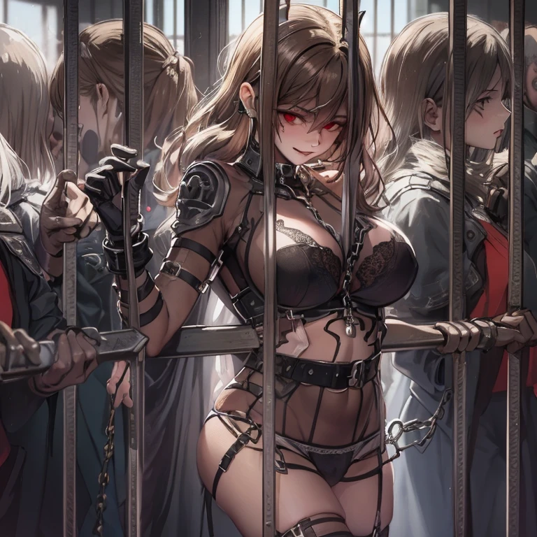 some attractive female vampires, in group photograph, lineup, harems, 3+Beautiful mature vampire in war villain prison, bound female vampire, ((masutepiece)), ((High resolution)), ((Best Quality)), detail, (NSFW Something?, seduce the guard), ((Hands tied to a prison bar, Cuffed, Wrists tied)), , korean female vampire, eyes looking down at the security guard, Brown hair, Installing SMBD, , Big breasts, Big breasts, Upwards dense, sexy quality underwear, Statue ,Cuffed,, chains, enticing lips, long red tongue, Breast Focus, Film Lighting, Perfect Shadow,(((prison))), Realistic lighting with shadows, (SFW)