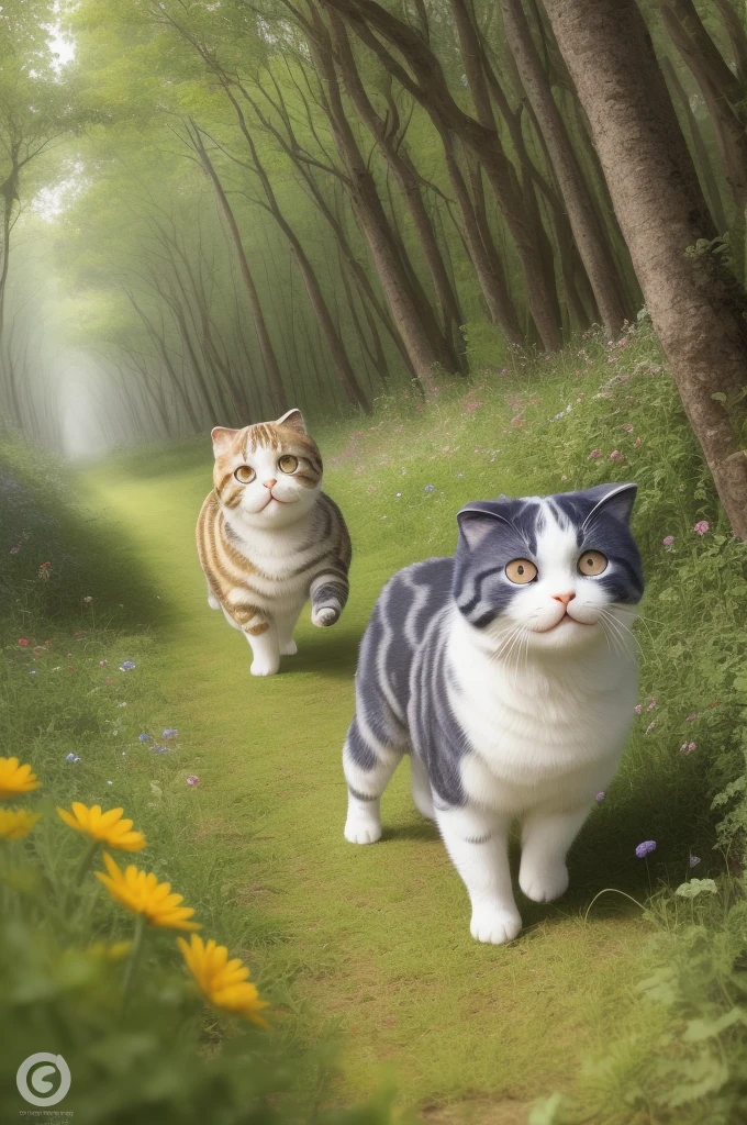 (cute scottish fold, Same number, front, Side, Back), Big eyes, Happy, White hair, linear art, Casual style, Running, forest, Flowers, trending --auto --s2