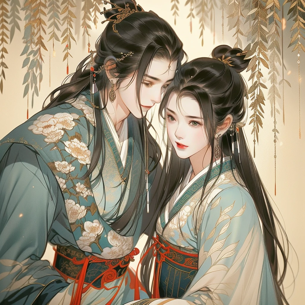 An ancient Chinese man and woman，Snuggle up to each other，Clear face，pretty eyes，Hanfu，（The man is handsome）Romantic atmosphere，The background is in ancient streets，the trees，tmasterpiece，ultra - detailed，Epic composition，Super HD，high qulity，HighestQuali，32k