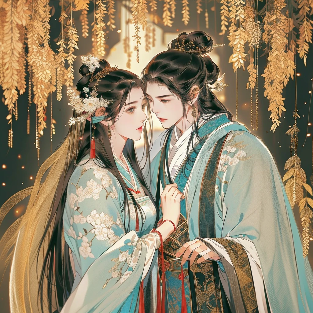 An ancient Chinese man and woman，Snuggle up to each other，Clear face，pretty eyes，Hanfu，（The man is handsome）Romantic atmosphere，The background is in ancient streets，the trees，tmasterpiece，ultra - detailed，Epic composition，Super HD，high qulity，HighestQuali，32k