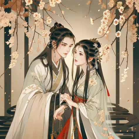 men and women in ancient china，snuggle up to each other，clear face，pretty eyes，hanfu，（the man is handsome）romantic atmosphere，th...