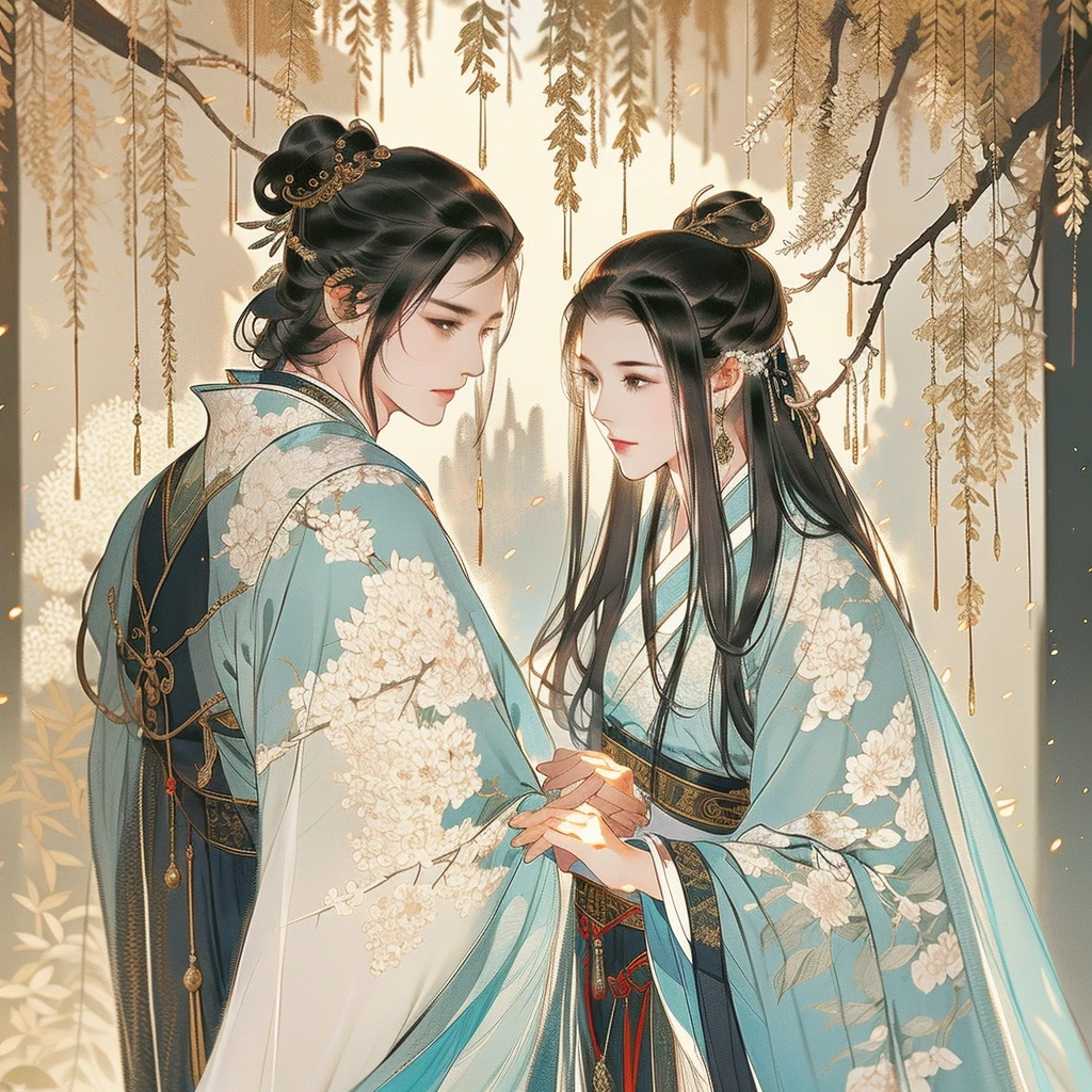 Men and women in ancient China，Snuggle up to each other，Clear face，pretty eyes，Hanfu，（The man is handsome）Romantic atmosphere，The old streets are in the background，The tree，tmasterpiece，ultra - detailed，Epic work，hyper HD，high high quality，highest  quality，32K