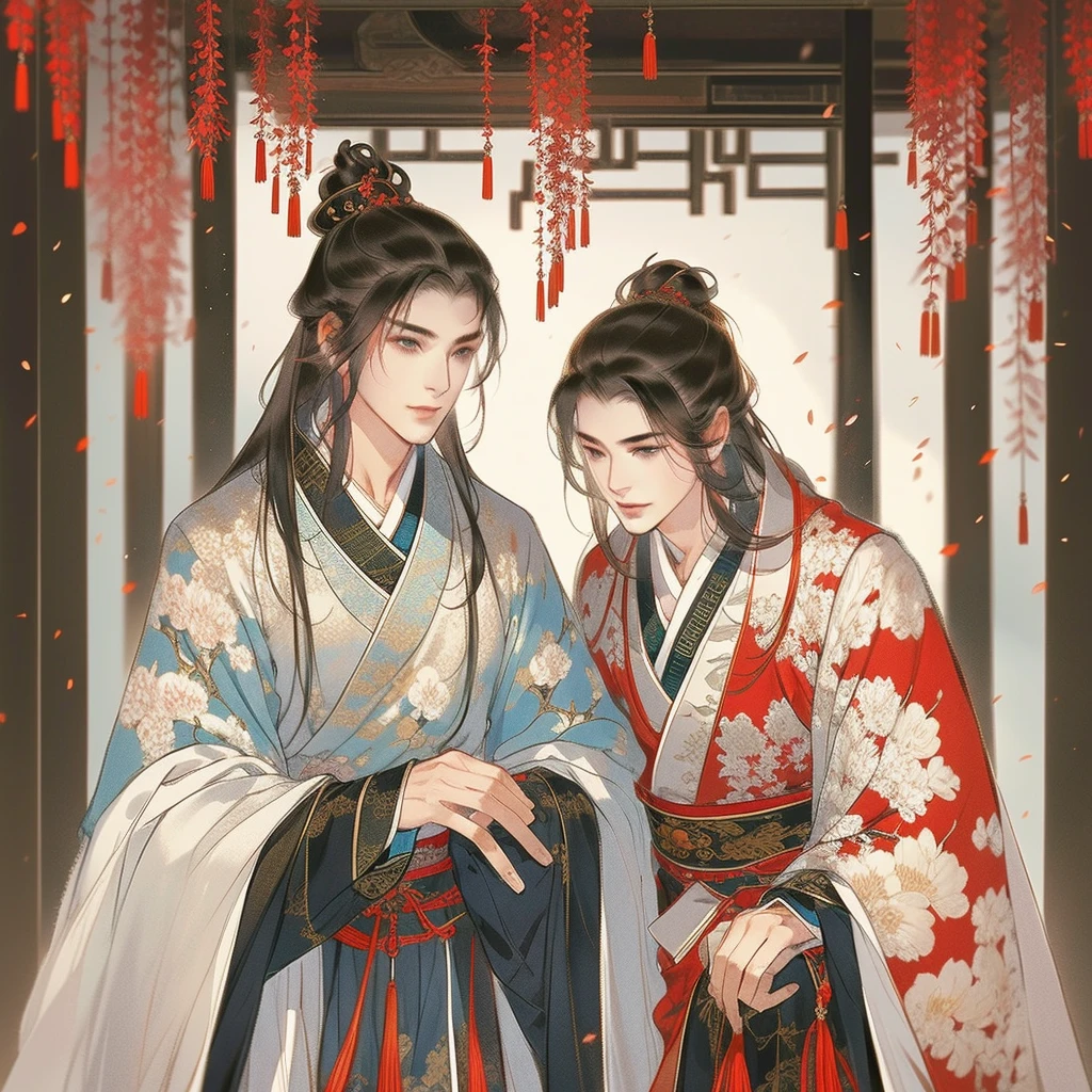 Men and men in ancient China，Snuggle up to each other，Clear face，pretty eyes，Hanfu，（The man is handsome）Romantic atmosphere，Chinese furniture，Gauze curtains，Summer palace，tmasterpiece，ultra - detailed，Epic work，hyper HD，high high quality，red theme，Best quality，32K