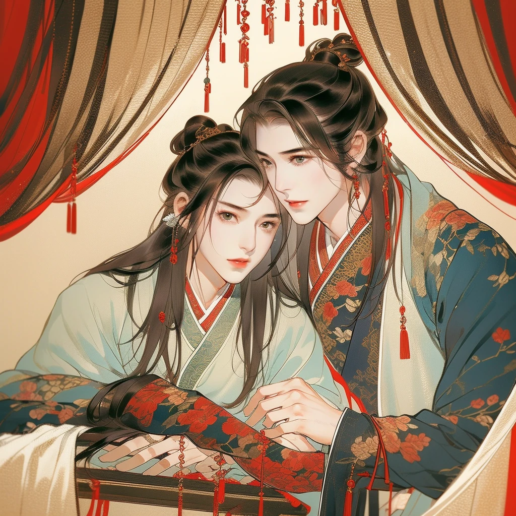 Men and men in ancient China，Snuggle up to each other，Clear face，pretty eyes，Hanfu，（The man is handsome）Romantic atmosphere，Chinese furniture，Gauze curtains，Summer palace，tmasterpiece，ultra - detailed，Epic work，hyper HD，high high quality，red theme，Best quality，32K