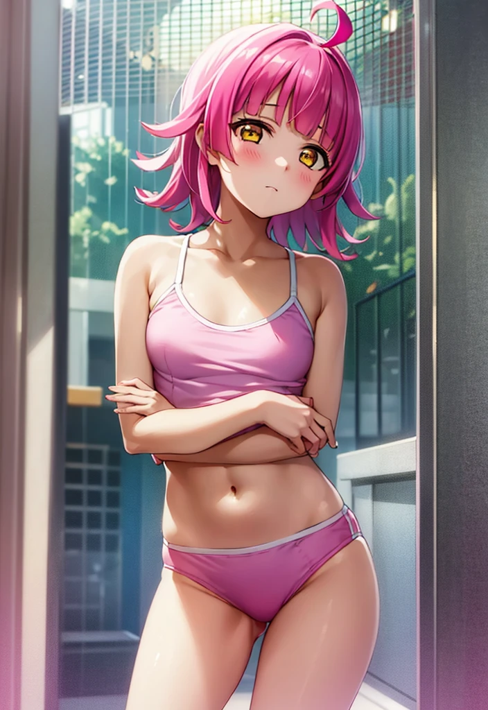 1girl, solo, tennouji rina, short hair, pink hair, ahoge, blush, looking at viewer, expressionless, small breasts, perfect face,top-quality, ultra-quality,e, top-quality、Full limbs、complete fingers、Slender beauty、straight haired、short-hair、School swim wear、Small eyes、Infirmary