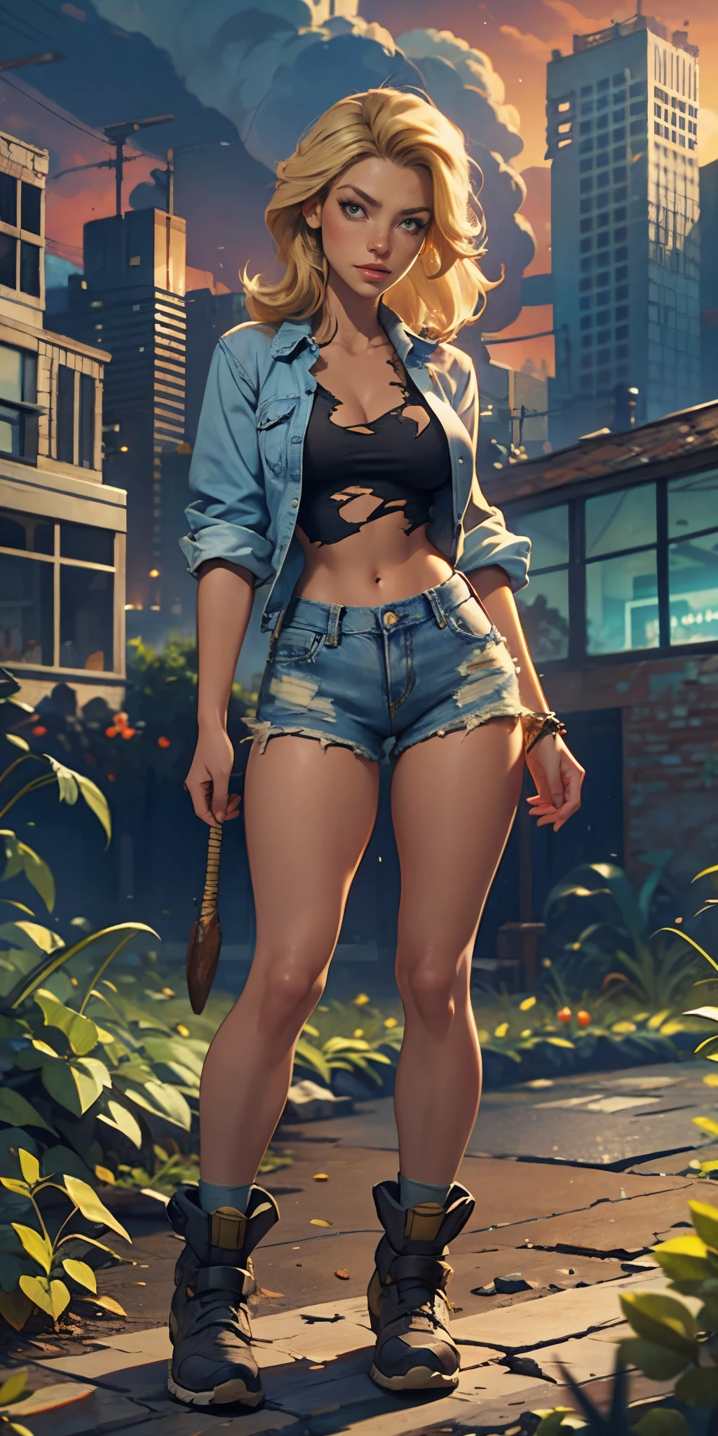 2076 year. The Urban Ruins of the Wasteland, Female huntress picking fruit in the garden, beautiful face, blonde, torn shirt and denim shorts ,  long legs, sweating through, sun rising, Nice warm colors, head to toe full body shot