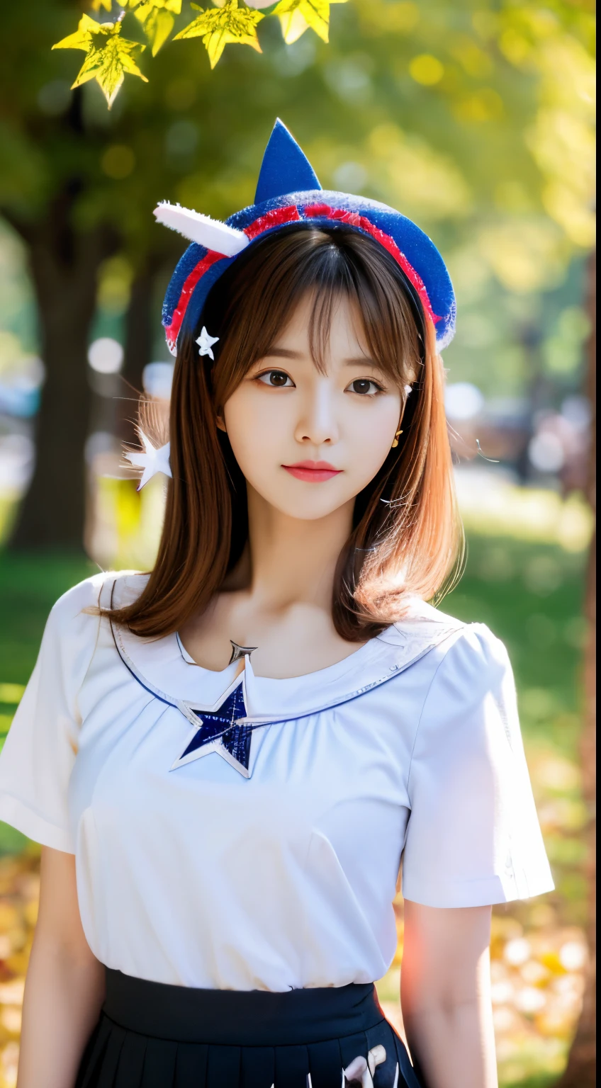 Realistic photo of (1 cute Korean star) ahoge, 32 inch bust size, white shirt, black skirt, standing under the tree, close-up, Nikon, UHD