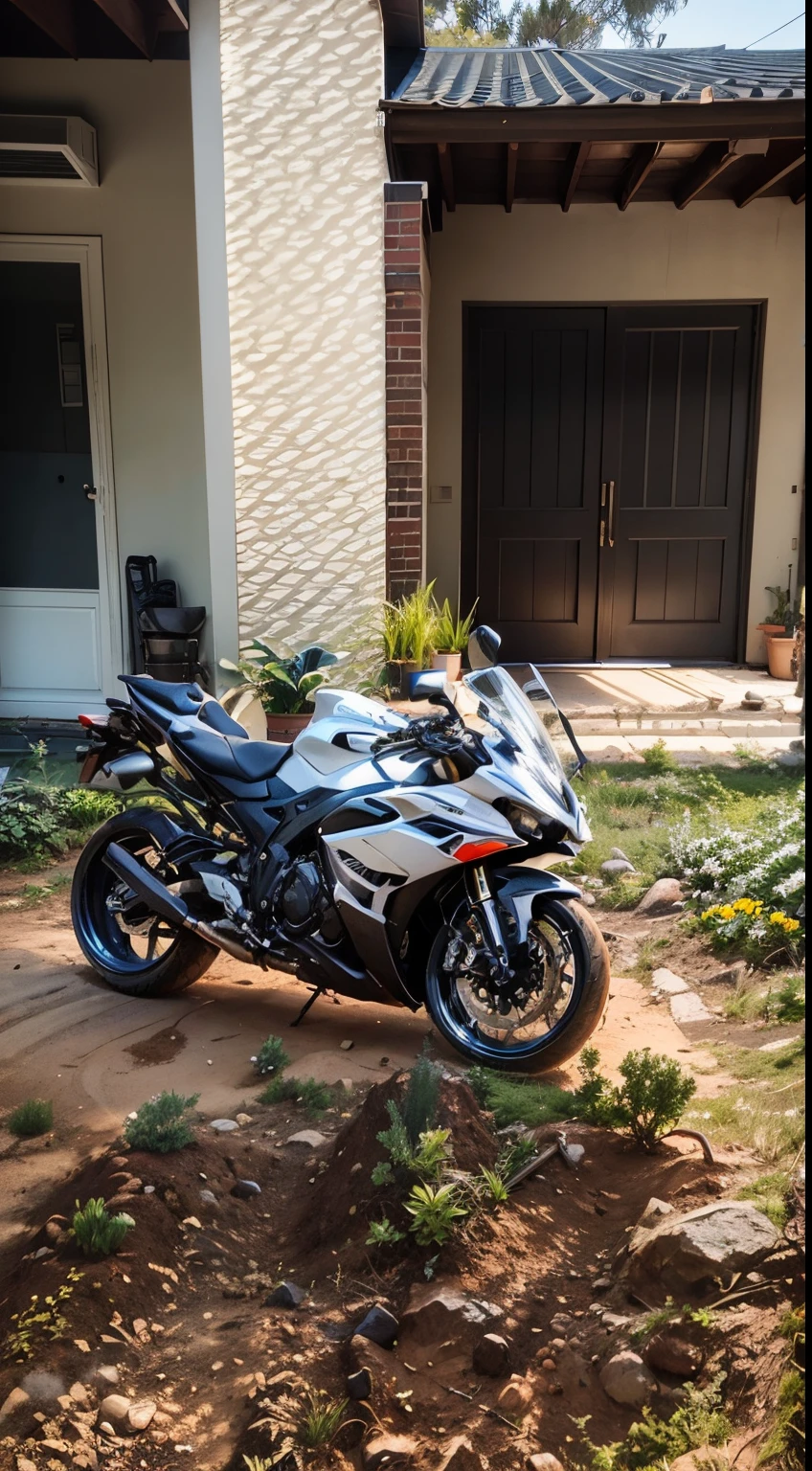 there is a motorcycle parked outside of a house in the dirt, r6, front side full, f32, f 3 2, modern minimalist f 2 0 clean, full device, motorbike, dang my linh, front side view, front profile, front side, translucent sss, motorcycle, side front view, unreal enging, f42, full pose