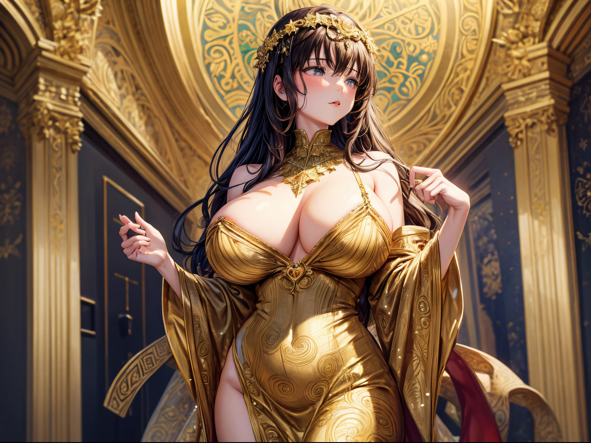 A Christmas scene adorned with intricate gold patterns, inspired by the art nouveau style of Gustav Klimt. enormous breast