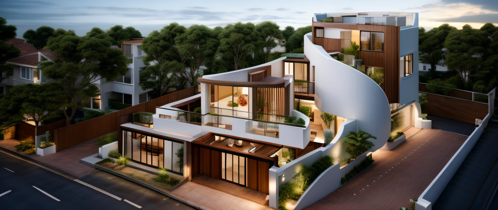 (Townhouse in city ,close houses and trees), daylight ( best quality) ((high solution)) ,(( photo realistic)) ,warm light, (sharp focus) front view of townhouse in style of modern,small house, Narrow area,VietNam,facade, curved arch,beautiful facade,curved windown,narrow and long ,two-storey,mutual colours, soft lighting, warm atmosphere,high Resolution, hyper detailed,4k ,vray render, octane render, hyper realistic, photography expert ,exterior design , professional photography, exterior photography,wide-angle shot , ultra detail , high Resolution , full frame, full body
