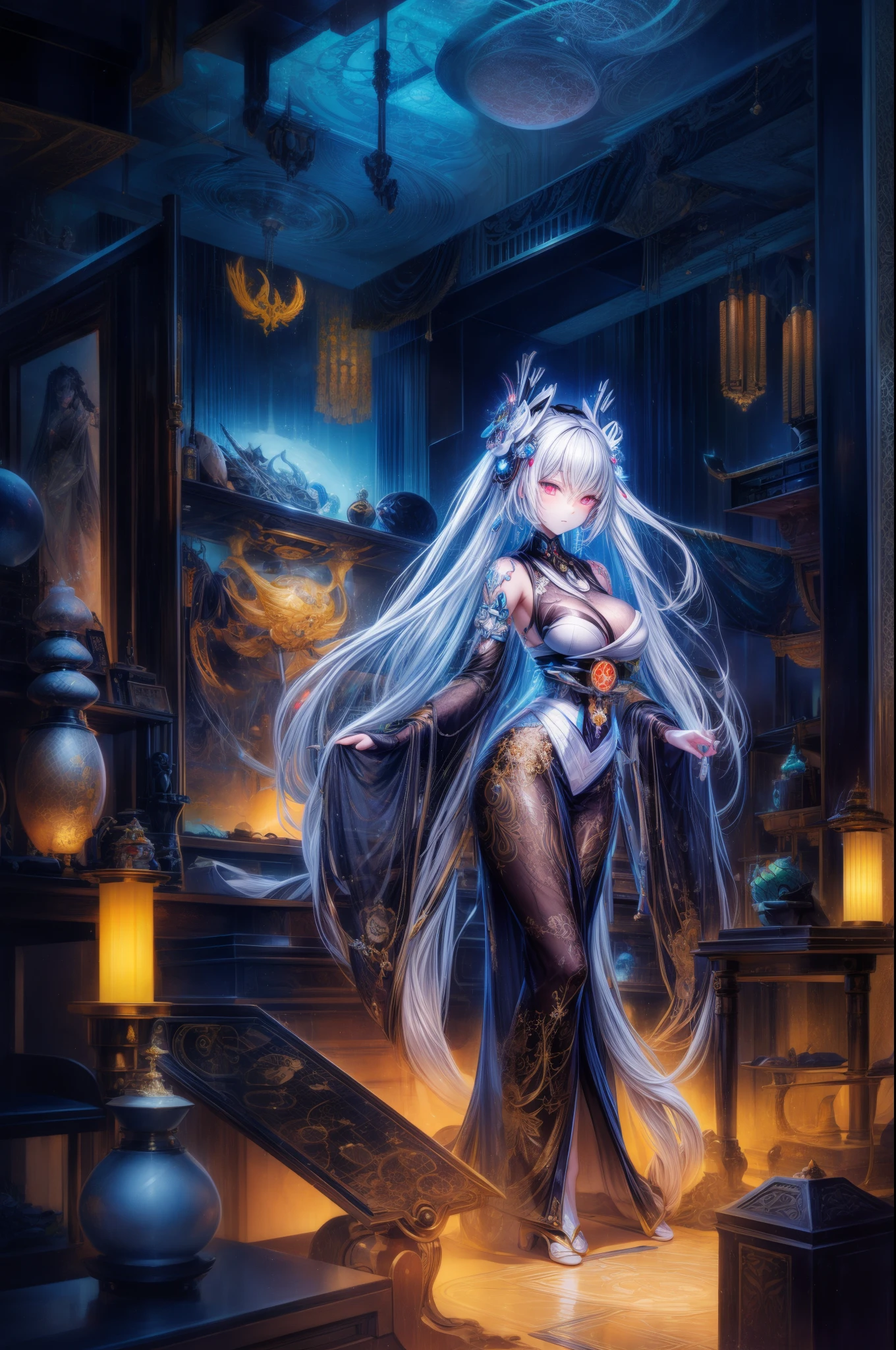 Photos of Japanese female robots in their 20s,Made of white and silver clear glass and plastic, geisha makeup, Black hairstyle, Silver and gold metallic interior, dynamicposes, flowing organic structure, Meticulous carving, Lace design, Glowing gold circuit, Colorful neon lights decoration, Meticulous carving, Lace design, glowing circuitry, neon trim, H'artistically.r. Giger, Greg Rutowski