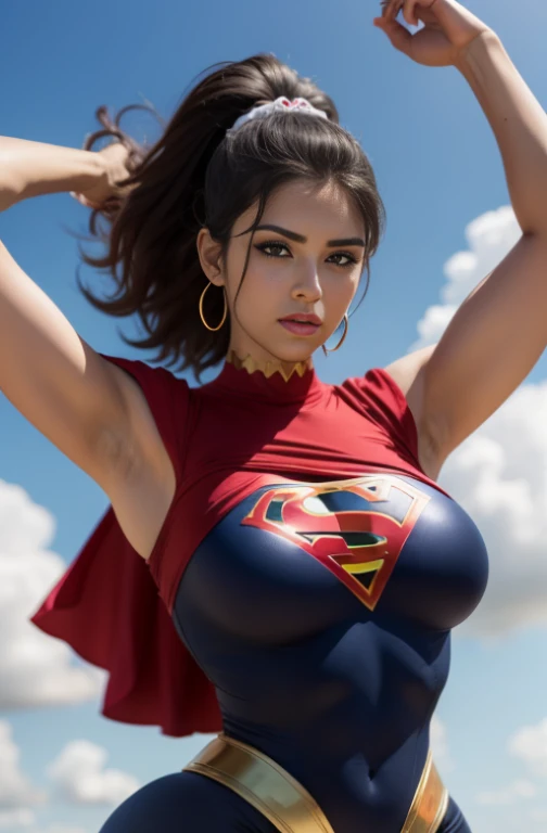 1girl africana, girl africana, peito grande, Seios enormes, seios grandes, Curvilinear waist, coxas grossas, coxas musculosas, body curvy, corpo suculento, seios gigantescos, massive breasts, coxas musculares, medium hair, Hair escuros, pale-skinned female, Cabelo amarrado, POV Vision, olhos azuis, Mature female, seios pesados, seios cheios, bunda grande, coxas cheias, bunda cheia, roupa supergirl, corpo voluptuoso, voluptuous female, Abs, foco corporal, peito enorme, peito grande, bumbum grande, coxas grandes, bra edge visible, provocando a telespectadora com seus seios, face madura, MILF, Curvilinear waist, coxas suculentas, coxas musculosas, juicy baby, superheroine lady, uniforme de superheroina, uniforme supergirl super sexy, grande decote, Caminhando em uma avenida movimentada, sardas no rosto, best quality, Realistic photo, photo de corpo inteiro, poses sensuais sexy,