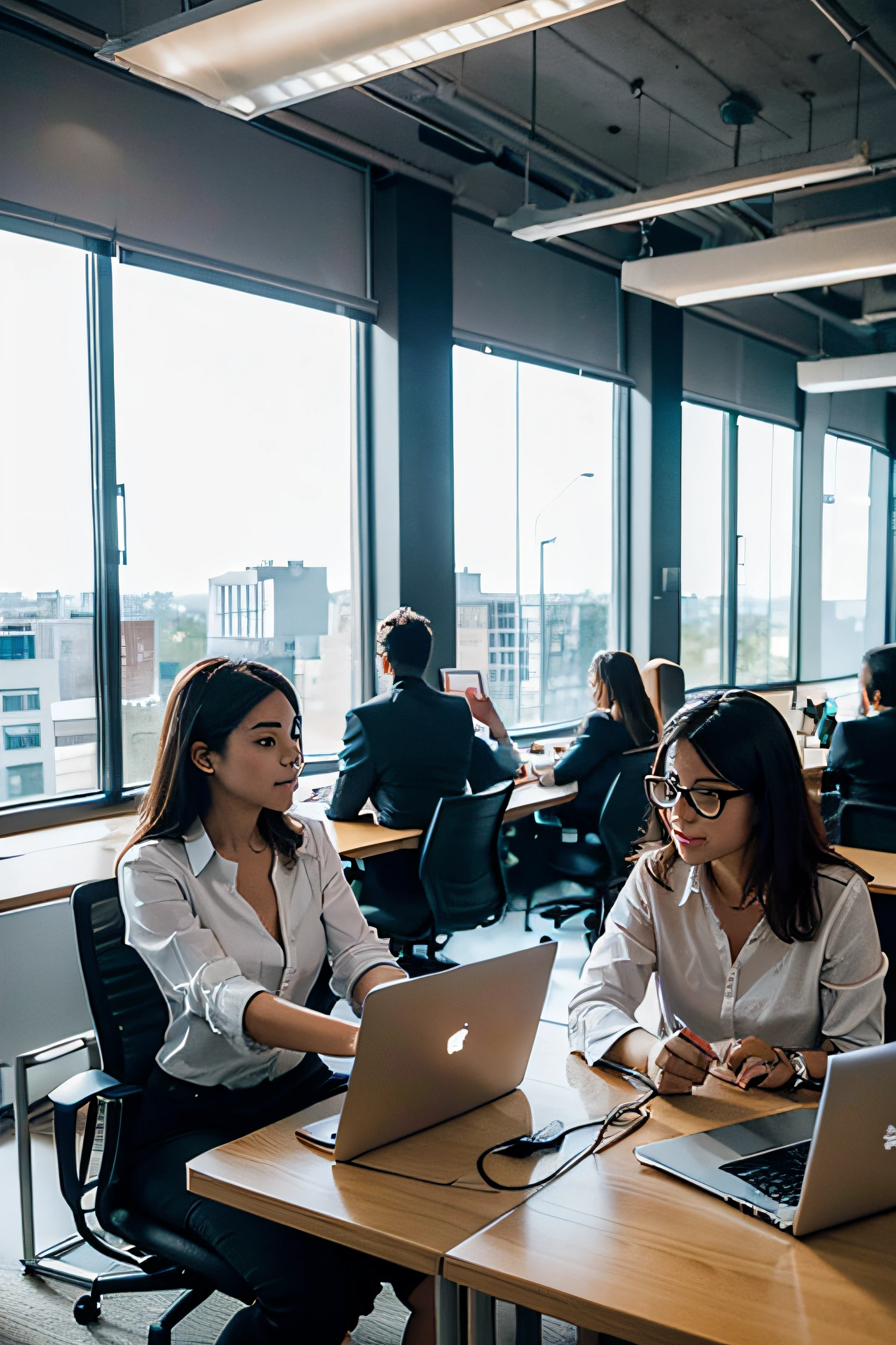 ing, modern office, natural light, professional attire, confident expressions, laptops, collaboration, brainstorming, innovative ideas