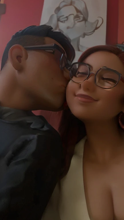 Chico de lentes de piel morena, cabello negro alto, giving a kiss on the cheek to a girl with copper hair and glasses