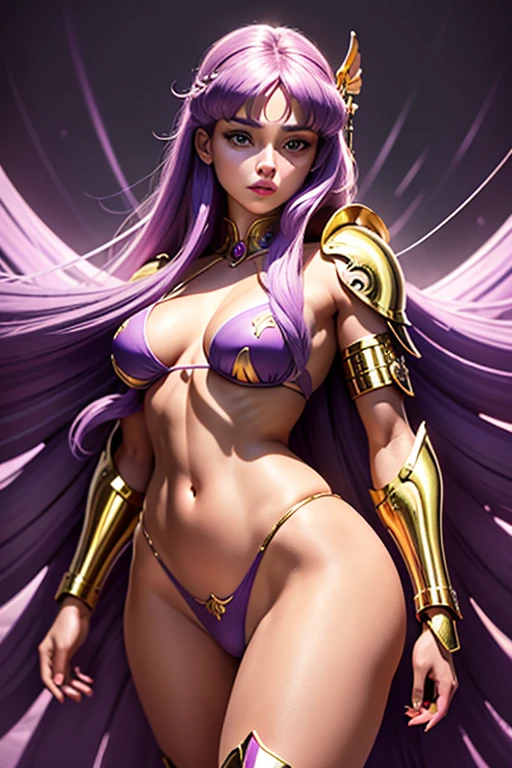 best quality,4k,8k, beautiful lighting,best quality,Absurdo,master part,Ultra Highres,fotorrealista, pose de modelo sexy, fotografia de corpo inteiro, (macio_Luz:1.5),(The lighting), delicate elegance,beleza cativante,deusa divina, corpo inteiro, 1 girl, somente,((Seios enormes:1.2)),Kido_Saori,(athena armor micro bikini:1.1),cabelo de lavanda, knee high boots, (cabelo entre os olhos:1.2),Standing, corpo inteiro, Visualizador voltado, fundo simples,