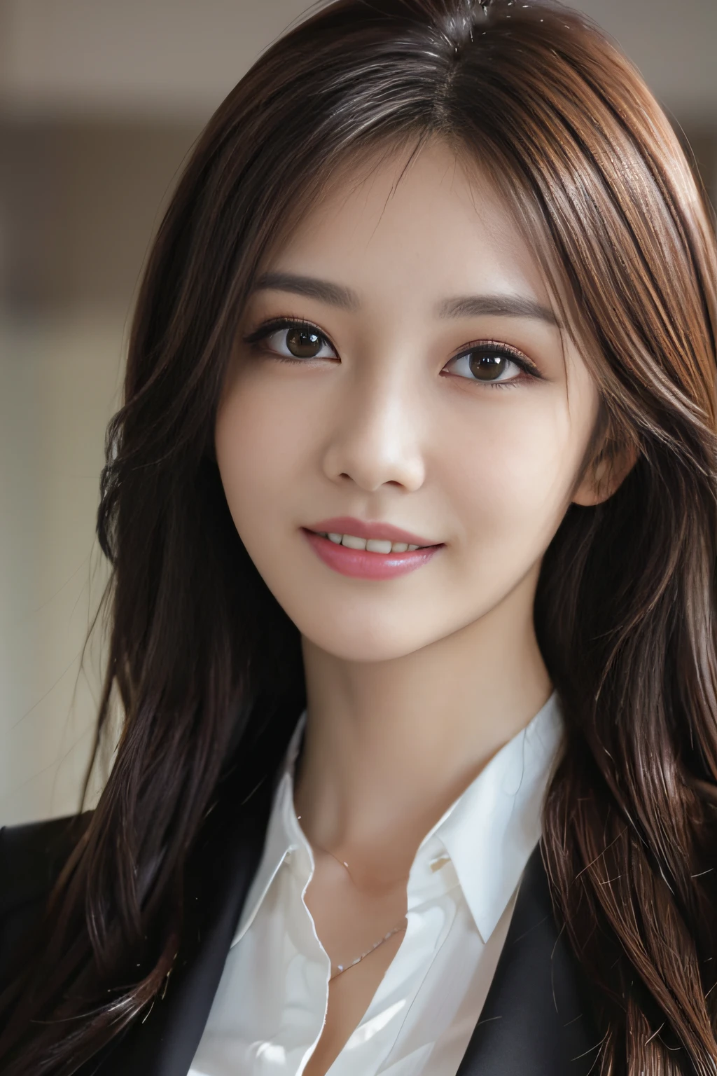 masutepiece, Best Quality, Photorealistic, Ultra-detailed, finely detail, High resolution, 8K Wallpaper, 1 beautiful woman,, light brown messy hair, in a business suit, foco nítido, Perfect dynamic composition, Beautiful detailed eyes, detailed hairs, Detailed realistic skin texture, Smiling, Close-up portrait, Model body type