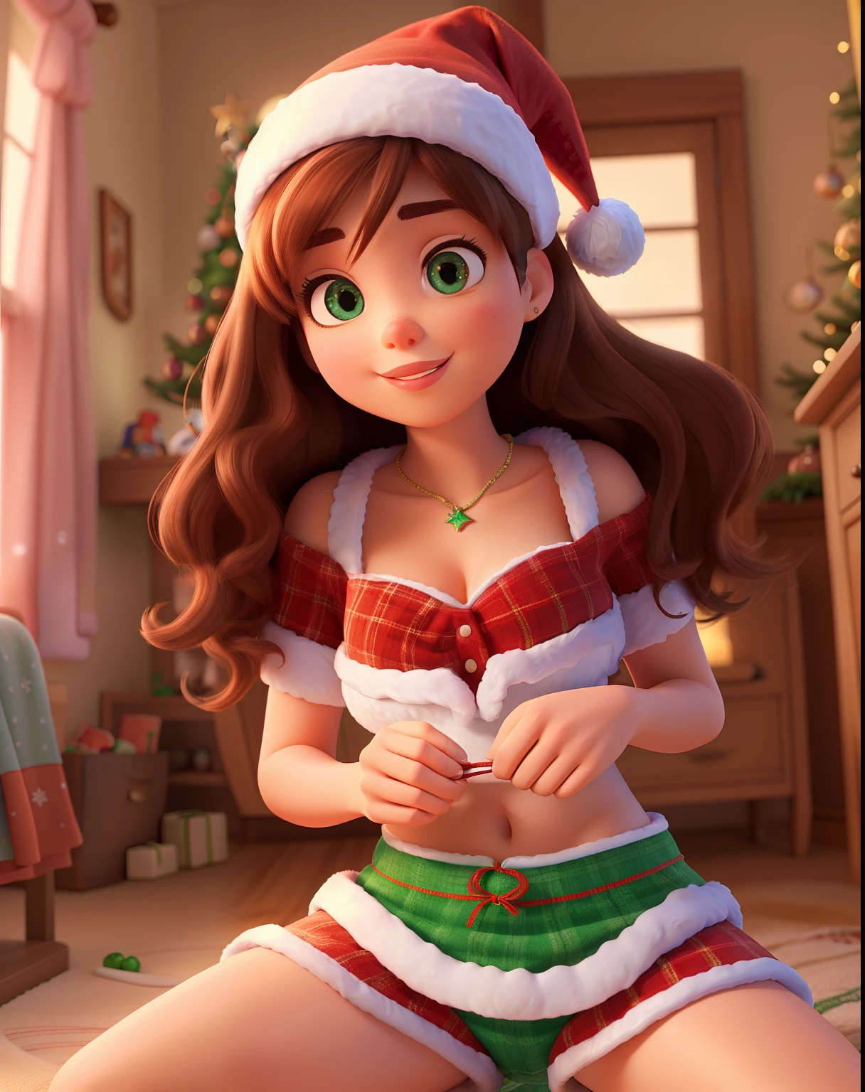 in a christmas pixar settings, indoor christmas decorated house, A sexy girl sitting open legs, spred her legs, we see the lips of her , her panties enter her