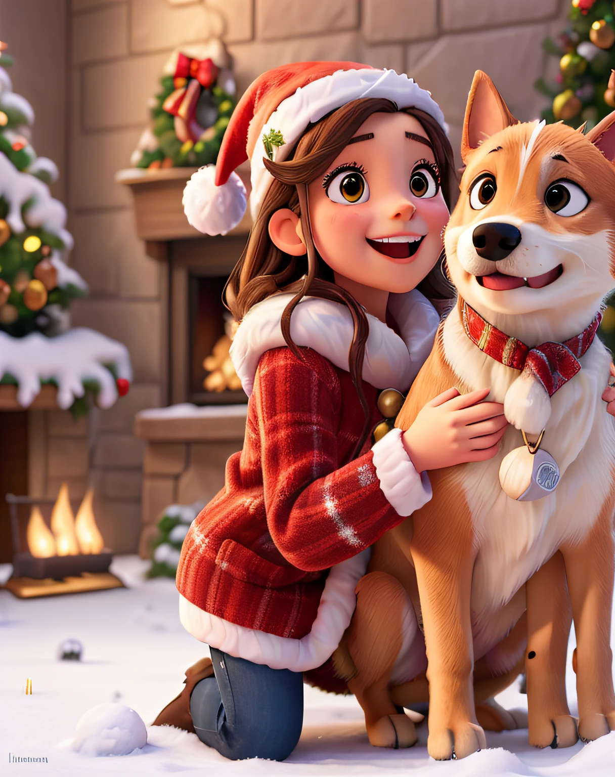 A girl with a dog bite on her ass in a Christmas setting, (best quality, 4k, highres, HDR), ultra-detailed, realistic:1.37, snowy landscape, cozy fireplace, colorful Christmas decorations, joyful atmosphere, warm and bright lighting, traditional Christmas tree, cute little puppy, girl wearing a festive outfit, laughing and enjoying the holiday spirit, soft falling snowflakes, magical winter wonderland, happy and playful dog, frosty breath in the air, steaming hot cocoa, joyful anticipation of presents, a mistletoe hanging above, vibrant holiday colors, glittering ornaments, cheerful Christmas carols in the background, a heartwarming and festive scene.