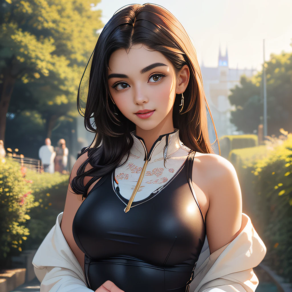 (Extremely detailed 8k wallpaper:2), (photo:2), (22 years old soigne Beautiful girl:2), (gives a lecture to friends:2), detailed (Face and eyes), (hyper realistic:1), (highly detailed:1), (epic realistic:1), rim light, (maximum details:1), cozy, (fullbody:1.3), (looking at viewer:2), (Woman's Attractive Qualities:2), (Attractive Woman:2), (Attractive:2), Smile, Intelligence, Empathy, Gracefulness, Sense of Style, Fitness, Grooming, Optimism, (Sensitivity:2), Sincerity, Romantic Gestures, Playfulness, Fashion Sense, (Sensuality:2), Charm, Modesty, Thoughtfulness, (Femininity:1), Flirtatiousness, Warmth, (Physical attractiveness:2), A beautiful smile, A love of life, strength and power, vulnerability, curiosity, wonder, love, (nature background:2), kawaii, waifu, Beautiful breasts, (attractive body:2), (Beautiful body:2), Beautiful pose, attractive pose, (Beautiful legs:1.0), (Beautiful clothes:1), (classic clothes:2), (elegant clothes:2), (European clothes:2), detailed clothes, (skirt:1), (blouse:1), (provocative pose)
