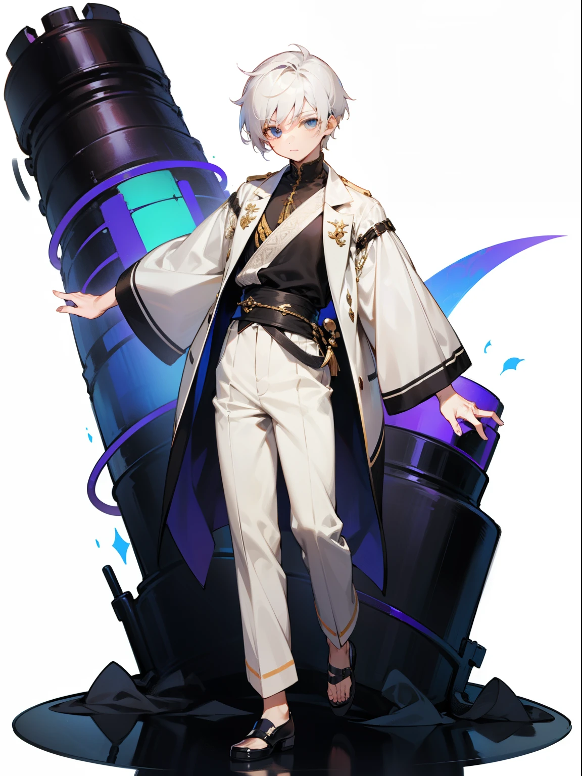 1boy, full - body, Young,short height, Dlrivery boy, white colored hair,Simple clothes loose pose