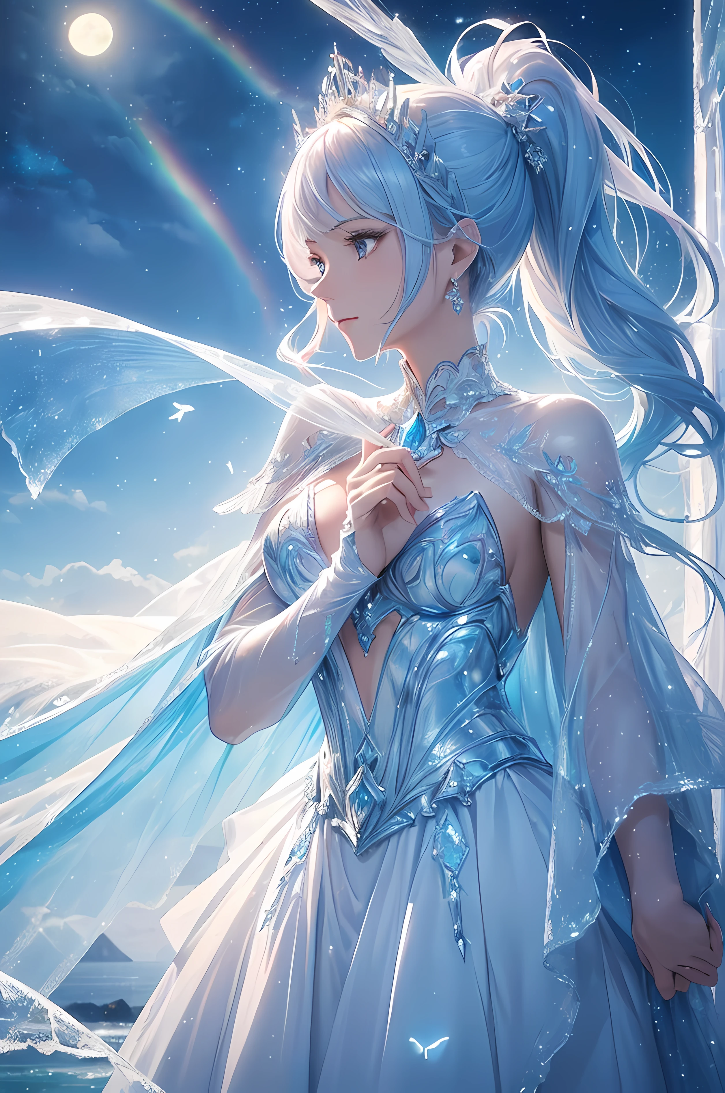 A beautiful woman, ((( ice knight, ice control, crystal, armor and clothes and mantle made using ice, ice floatings around, elegance under the sun, movement motion, image look alive))), ((perfect body figure, beautiful face, beautiful face, milf, age 46, royal, soft blue color hair, ponytail hair style, beautiful skin, Extremely details hair, fine details)), (((cinematic lighting, beautiful lighting effect, creative design, full body frame, divine aura, hard harmony , shining light, perfect color transition, perfect balance of contrast, perfect color layer, perfectly smooth color blur, soft rendering, smooth color stroke, moon glare, optic lens, moonlight ray, soft colors, smooth colors blend, perfect color rendering, harmony, perfect color harmony, beautiful color, soft harmony, light particles, perfect details, intricate details, color prism, fine details, refine details))), Tachibana Omina art style, affectionate eyes, half a smile, slightly open mouth, a gentle expression on his face, serene scenery of beach with water magic performance under the sun, ice crystal, ice crystals floatings around, breeze and sunlight in the background, butterflies in the sky, realism, ((Best quality))),8k,((Masterpiece)),(Extremely refined and beautiful)