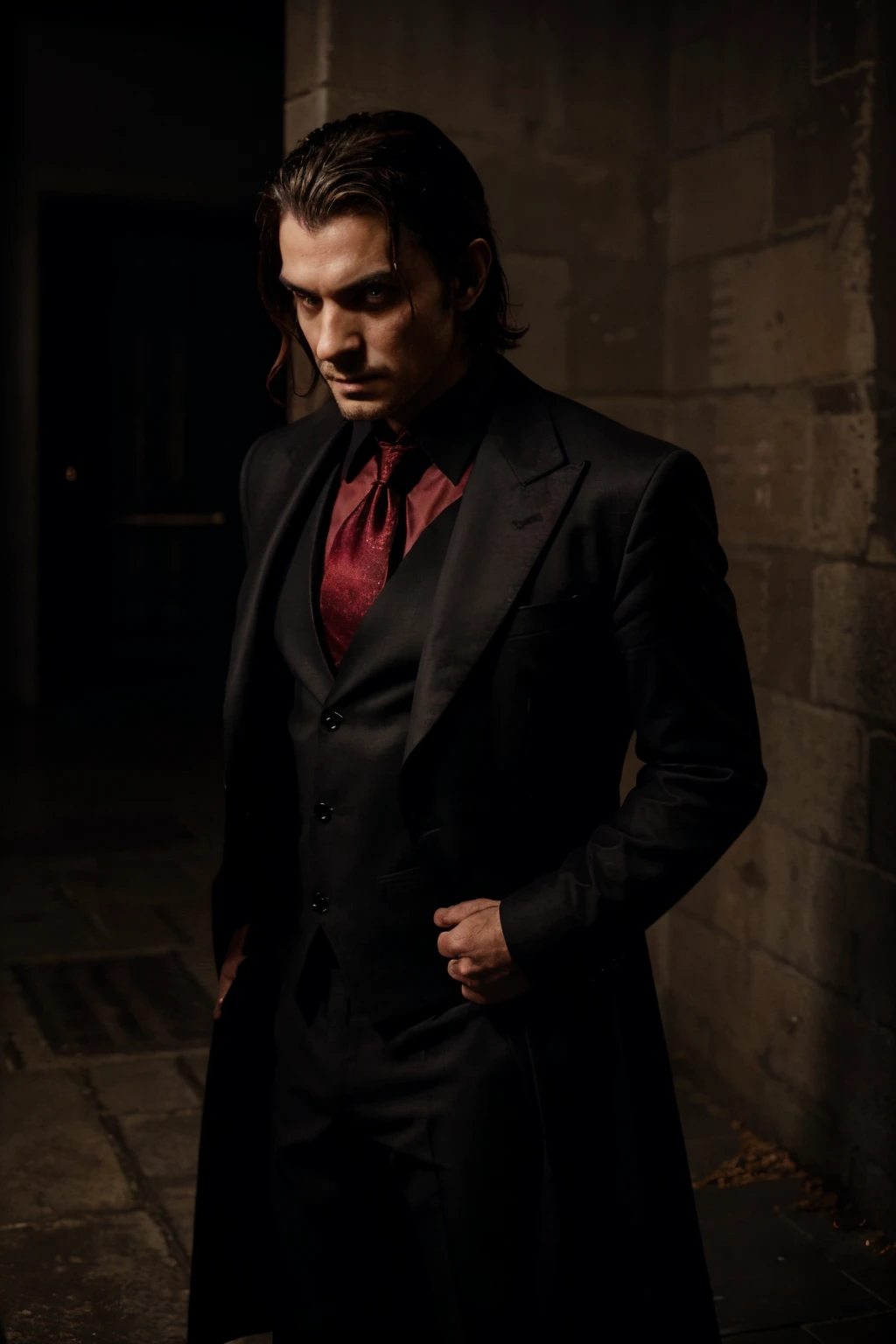 The man stood in the shadows, a symbol of the dark and twisted side of love. His mind a labyrinth of psychology, his actions a dance of manipulation. The deep red of his suit only adds to his enigmatic aura, as he stares at you with an intensity that is both alluring and unsettling.