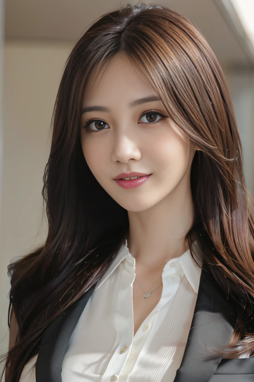 table top, highest quality, realistic, Super detailed, finely, High resolution, 8k wallpaper, 1 beautiful woman,, light brown messy hair, wearing a business suit, sharp focus, perfect dynamic composition, beautiful and detailed eyes, thin hair, Detailed realistic skin texture, smile, close-up portrait, model body shape