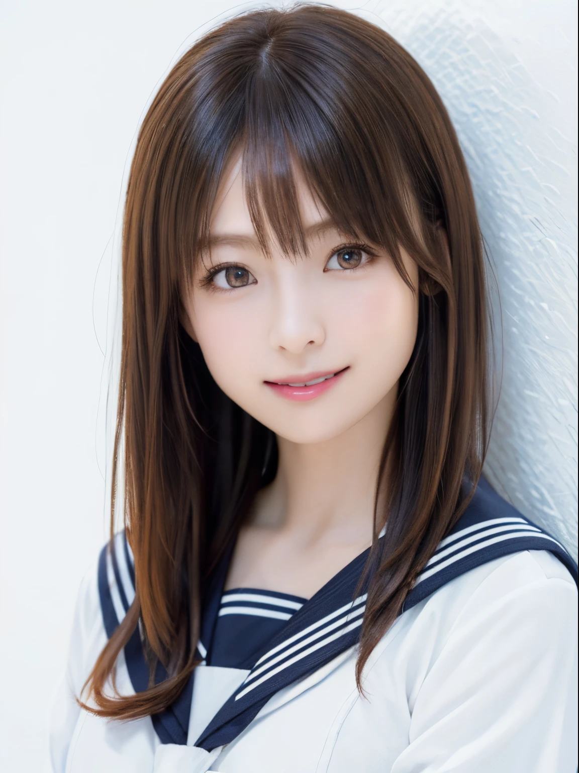 (top-quality、8K、32K、masterpiece、nffsw:1.2)、(Raw photography)、(realisitic)、(Photorealsitic:1.2)、(hight resolution)、ultra-detailliert、extremely beautiful face and eyes、1girl in、round small face、big breasts thin waist、Delicate body、(a closeup、top-quality、high detailing、rich skin detail、nffsw)、(Best Quality、8K、Oil Painting、masutepiece:1.2)、Ultra-detailed、(Realistic、Photorealistic:1.37)、Vibrant colors、(((cheeks are flushed)))、(((Wearing a sailor suit)))、(((I'm smiling with my mouth open)))、(((light brown hair)))、(((Arms folded in front of the chest)))、(((great laughter)))、(((bustshot)))、(((white backgrounid)))、((lob hair))、(((Pure white wall background)))、(((a sailor suit)))、(((Pure white wall background)))
