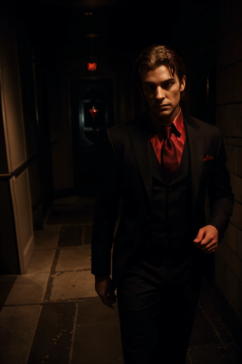 The man stood in the shadows, a symbol of the dark and twisted side of love. His mind a labyrinth of psychology, his actions a dance of manipulation. The deep red of his suit only adds to his enigmatic aura, as he stares at you with an intensity that is both alluring and unsettling.