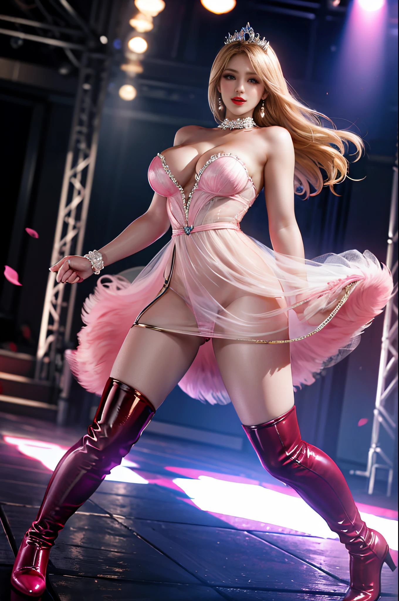 Blonde hair with tiara,Ultra realistic 8K, flawless,(Red Lip,Heavy makeup), Big breasts:1.0,Earring、singing on the stage runway、Nikon Z 85mm, ((Best Quality)) ,((masterpiece)), intricate detailes,Photorealistic、Extremely delicate and beautiful, ((Pink Sexy dress)):1.0、（strapless red Long boots with high pin heel）:1.2、Full body shot:1.2、Sexy smile