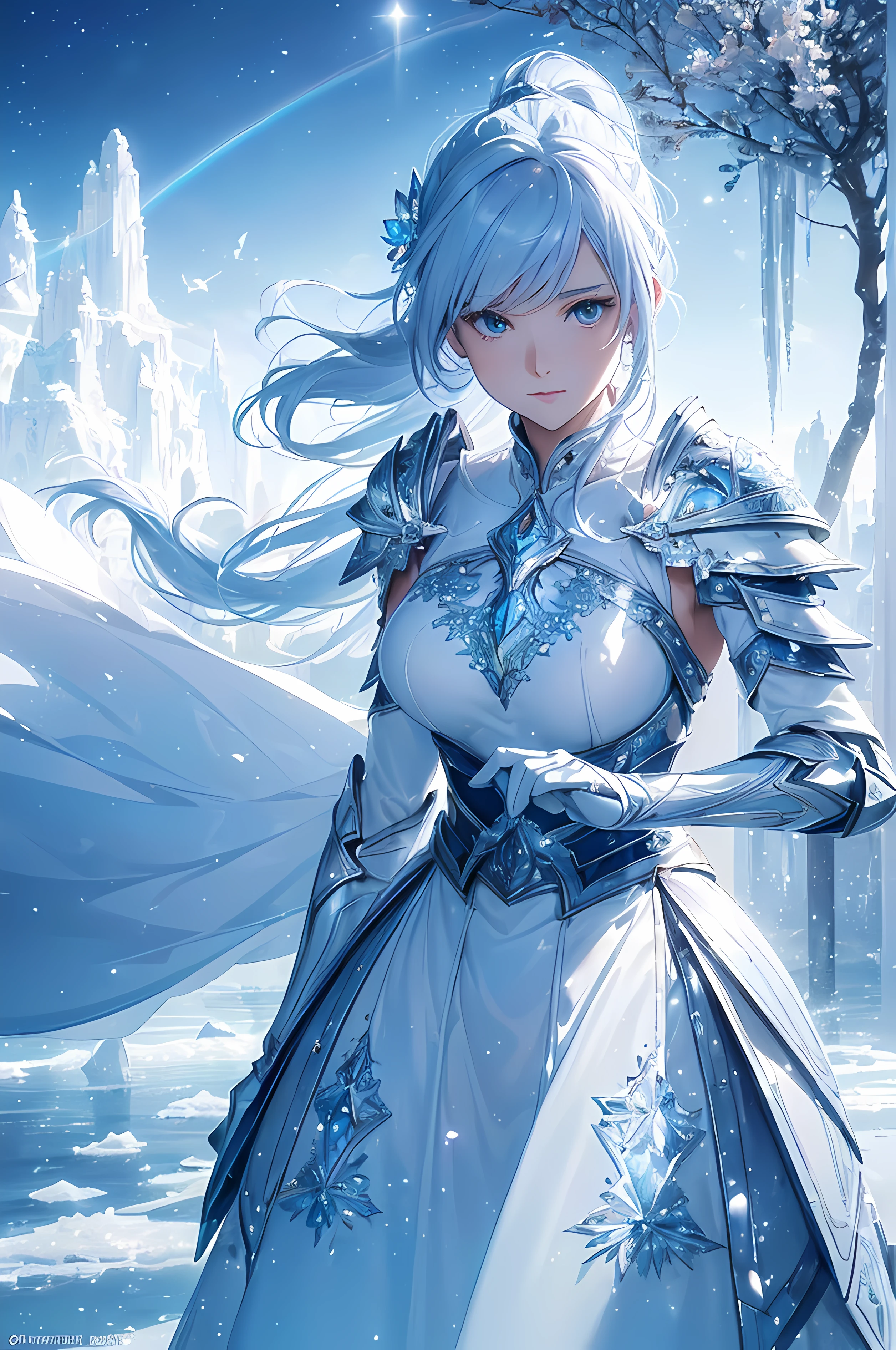 A beautiful woman, ((( ice knight, ice control, ice crystal, armor and clothes and mantle made using ice, ice floatings around, elegance under the sun, movement motion, image look alive))), ((perfect body figure, beautiful face, beautiful face, milf, age 46, royal, soft blue color hair, ponytail hair style, beautiful skin, Extremely details hair, fine details)), (((cinematic lighting, beautiful lighting effect, creative design, full body frame, divine aura, hard harmony , shining light, perfect color transition, perfect balance of contrast, perfect color layer, perfectly smooth color blur, soft rendering, smooth color stroke, moon glare, optic lens, moonlight ray, soft colors, smooth colors blend, perfect color rendering, harmony, perfect color harmony, beautiful color, soft harmony, light particles, perfect details, intricate details, color prism, fine details, refine details, intricate armor details, fine armor))), Tachibana Omina art style, affectionate eyes, half a smile, slightly open mouth, a gentle expression on his face, serene scenery of beach with water magic performance under the sun, ice crystal, ice crystals floatings around, breeze and sunlight in the background, butterflies in the sky, realism, ((Best quality))),8k,((Masterpiece)),(Extremely refined and beautiful)
