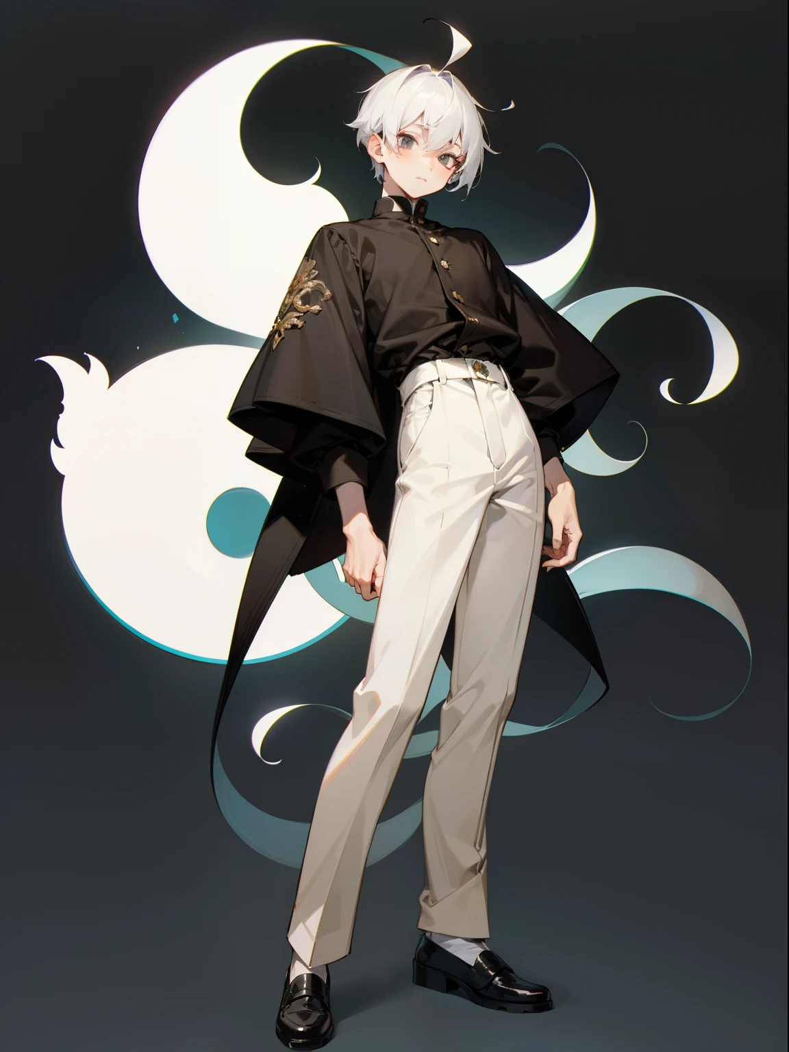 1boy, full - body, Young,short height, Dlrivery boy, white colored hair,Simple clothes loose pose