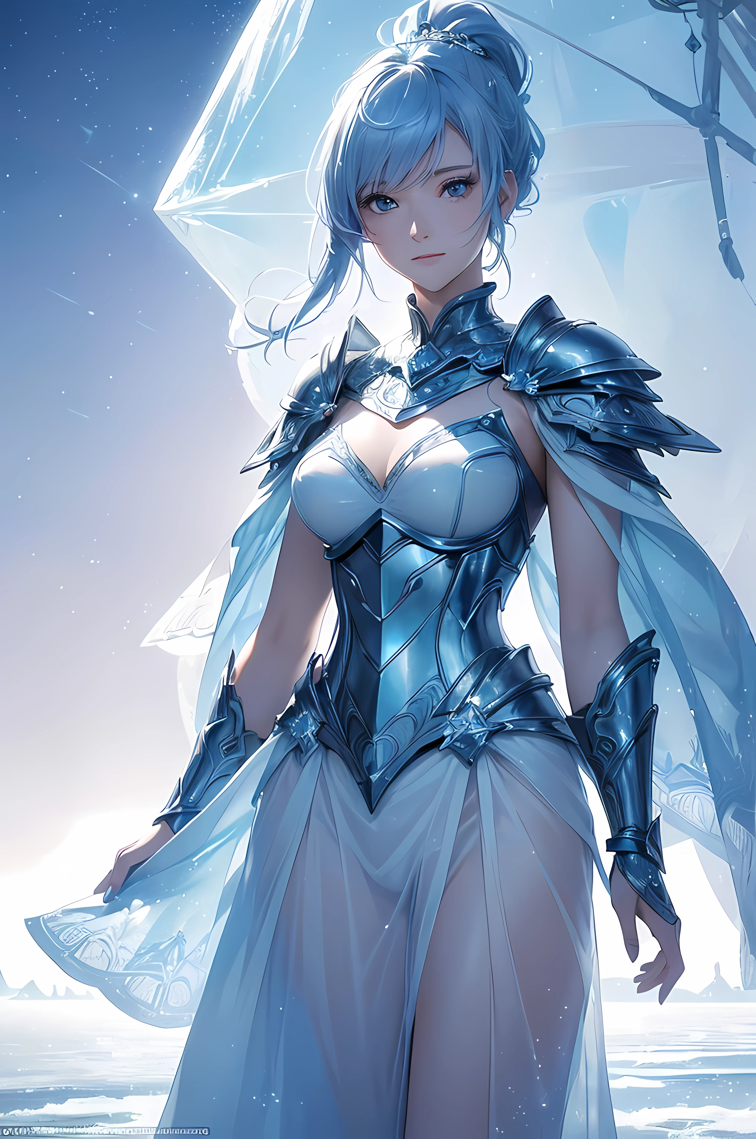 A beautiful woman, ((( ice knight, ice control, ice crystal, armor and clothes and mantle made using ice,  ice floatings around, elegance under the sun, movement motion, image look alive))), ((perfect body figure, beautiful face, beautiful face, milf, age 46, royal, soft blue color hair, ponytail hair style, beautiful skin, Extremely details hair, fine details)), (((cinematic lighting, beautiful lighting effect, creative design, full body frame, divine aura, hard harmony , shining light, perfect color transition, perfect balance of contrast, perfect color layer, perfectly smooth color blur, soft rendering, smooth color stroke, moon glare, optic lens, moonlight ray, soft colors, smooth colors blend, perfect color rendering, harmony, perfect color harmony, beautiful color, soft harmony, light particles, perfect details, intricate details, color prism, fine details, refine details, intricate armor details, fine armor))), Tachibana Omina art style, affectionate eyes, half a smile, slightly open mouth, a gentle expression on his face, serene scenery of beach with water magic performance under the sun, ice crystal, ice crystals floatings around, breeze and sunlight in the background, butterflies in the sky, realism, ((Best quality))),8k,((Masterpiece)),(Extremely refined and beautiful)