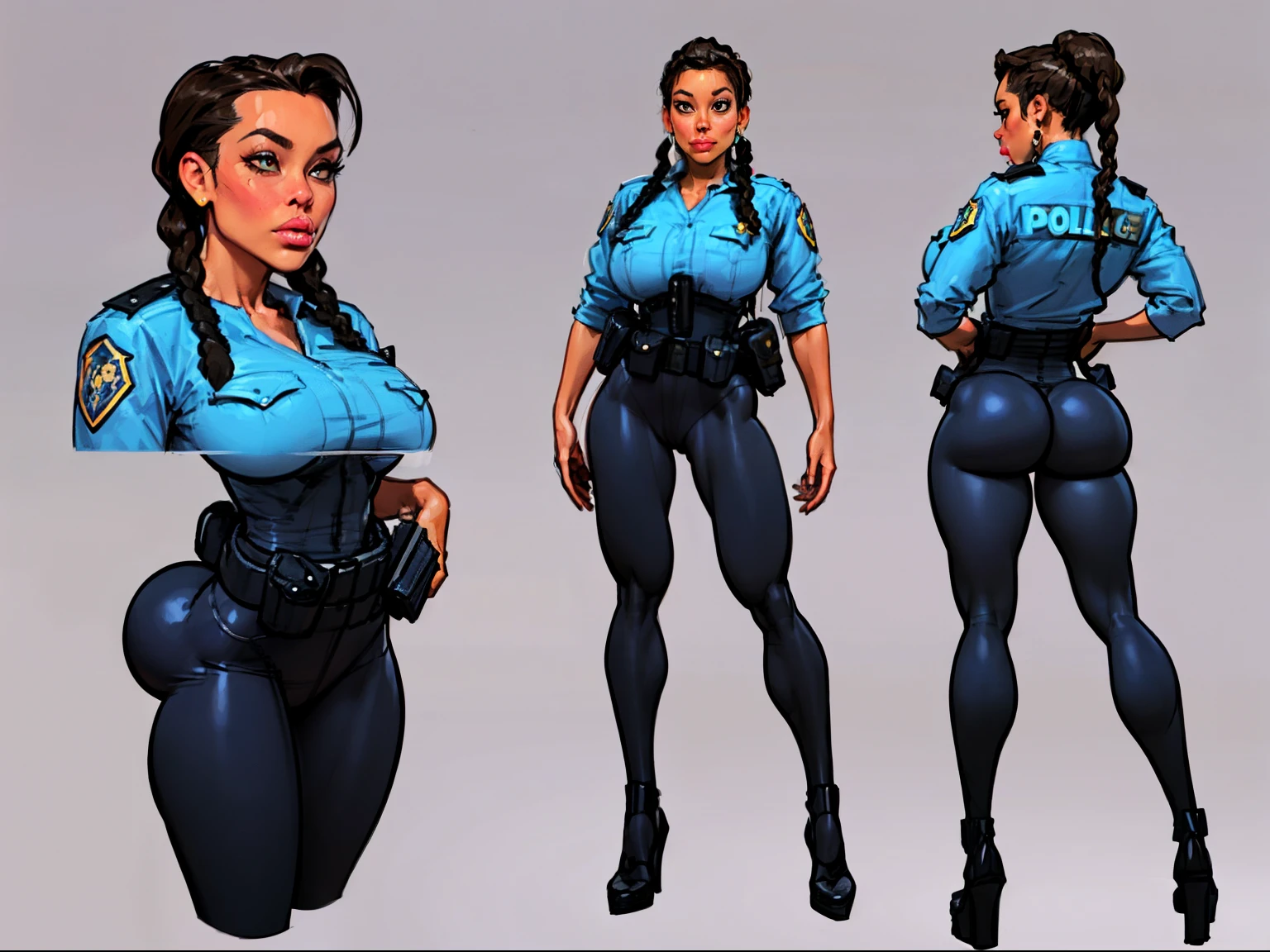 ((masterpiece)),(((best quality))),((character design sheet)), illustration,1woman, environment Scene change, (long braided hair:1.4),((futuristic police officer:1.5)), muscular, black legs, thick legs, (Latina skin:1.3)scribbles and marks, light blue shirt, ((detailed face:1.1)), (medium breasts:1.2, big round ass:1.5), rough sketches, (puffy lips:1.5), pose too, ((brunette hair:1.2)), (police officer outfit:1.3) , 8k,16k, (simple background, light background: 1.3)