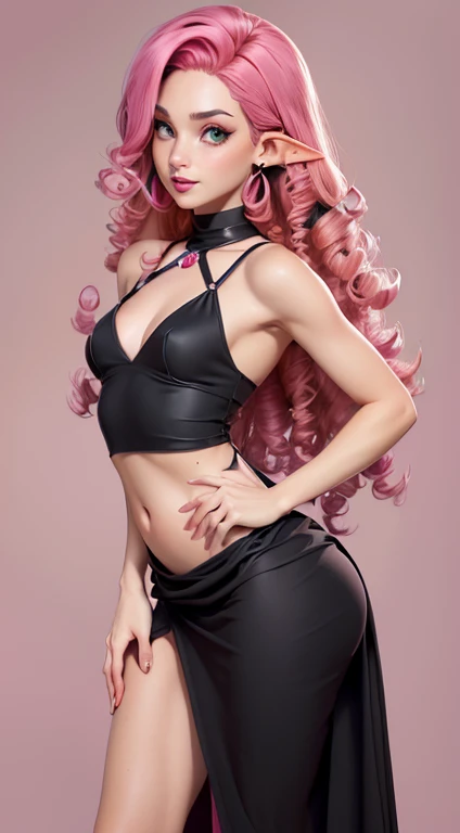 1girl, bare shoulders, ((((black dress)))), (((pink hair))), (((emerald color eyes))), cleavage, earrings, elf, flat,((((small chest)))), ((((flat chest)))), ((((big ass)))), ((((small breasts)))), ((((flat breasts)))), lips, lipstick, (((long curly hair))), looking at viewer, makeup, medium breasts, navel, pointy ears, red lips, solo, upper body