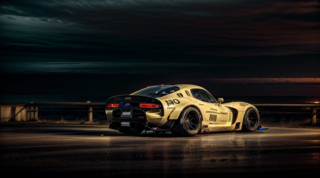((Dodge Viper GTS-R)), solo, ((JonSibal design works Body Kit)), ((rear wing spoiler)), blacked out, front bumper splitters, side skirts, flared wheel arches, ((ominous looking)), (yellow racing alloy rims), ((lowered racing suspension)), high performance racing tyres, outdoors((gloomy sunset)) Wide angle lens, cgsociety, artstation, cgi, photorealistic, cinematic lighting, offset noise, ground shadows and reflections, 4k, inspired by dystopian cyberpunk, HDR studio light, {{supreme aerodynamics for maximum downforce}}, 3ds max, corona renderer, perfectly coloured, jaw dropping, sensational, menacing look, headlights on, ((parked on a bridge)), 4k wallpaper, ((dusk scene)), sunset, high spec automotive concept art, reflective ground shadows, symmetrical design, CGI, moody and atmospheric, trending on artstation, behance contest winner, cgsociety, imaginative design and craftmanship, urban light night LUT, subsurface scattering, ray tracing, dramatic atmosphere
