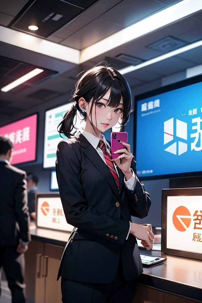 The office district of the near future、Salaryman using a smartphone worn on his arm。Beauty OL,Holograms on your arm from your phone、