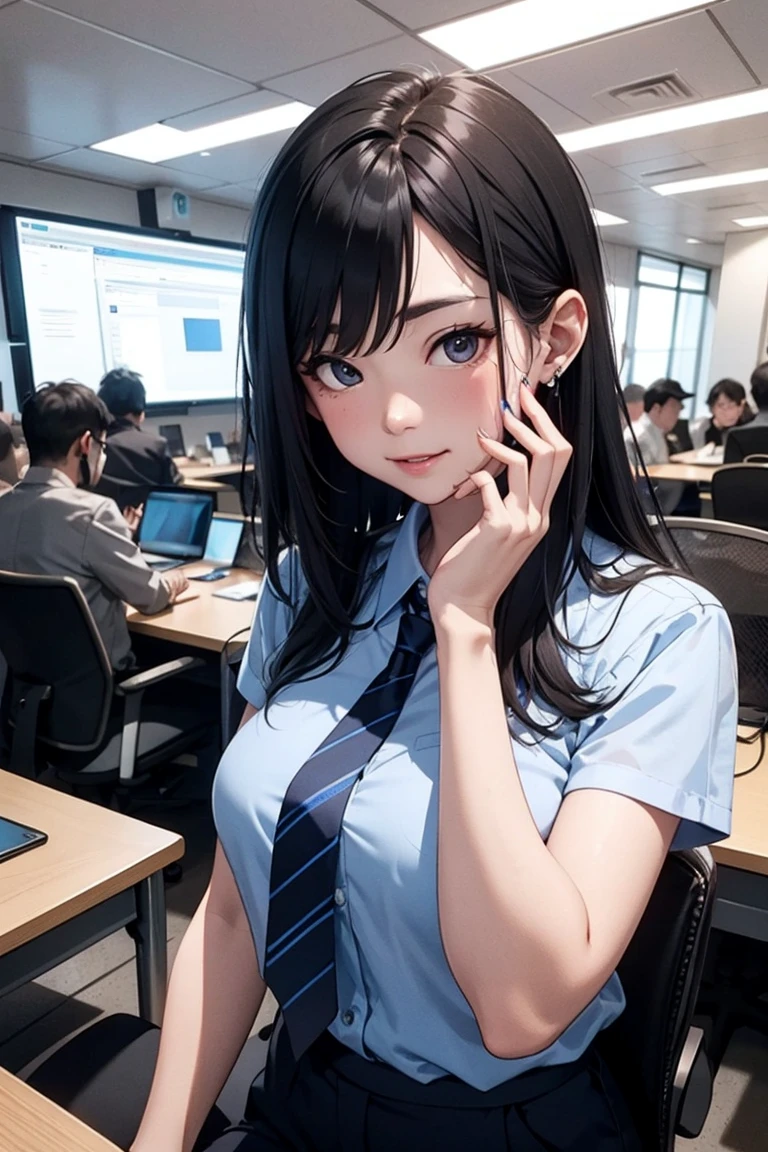 The office district of the near future、Salaryman using a smartphone worn on his arm。Beauty OL,Holograms on your arm from your phone、