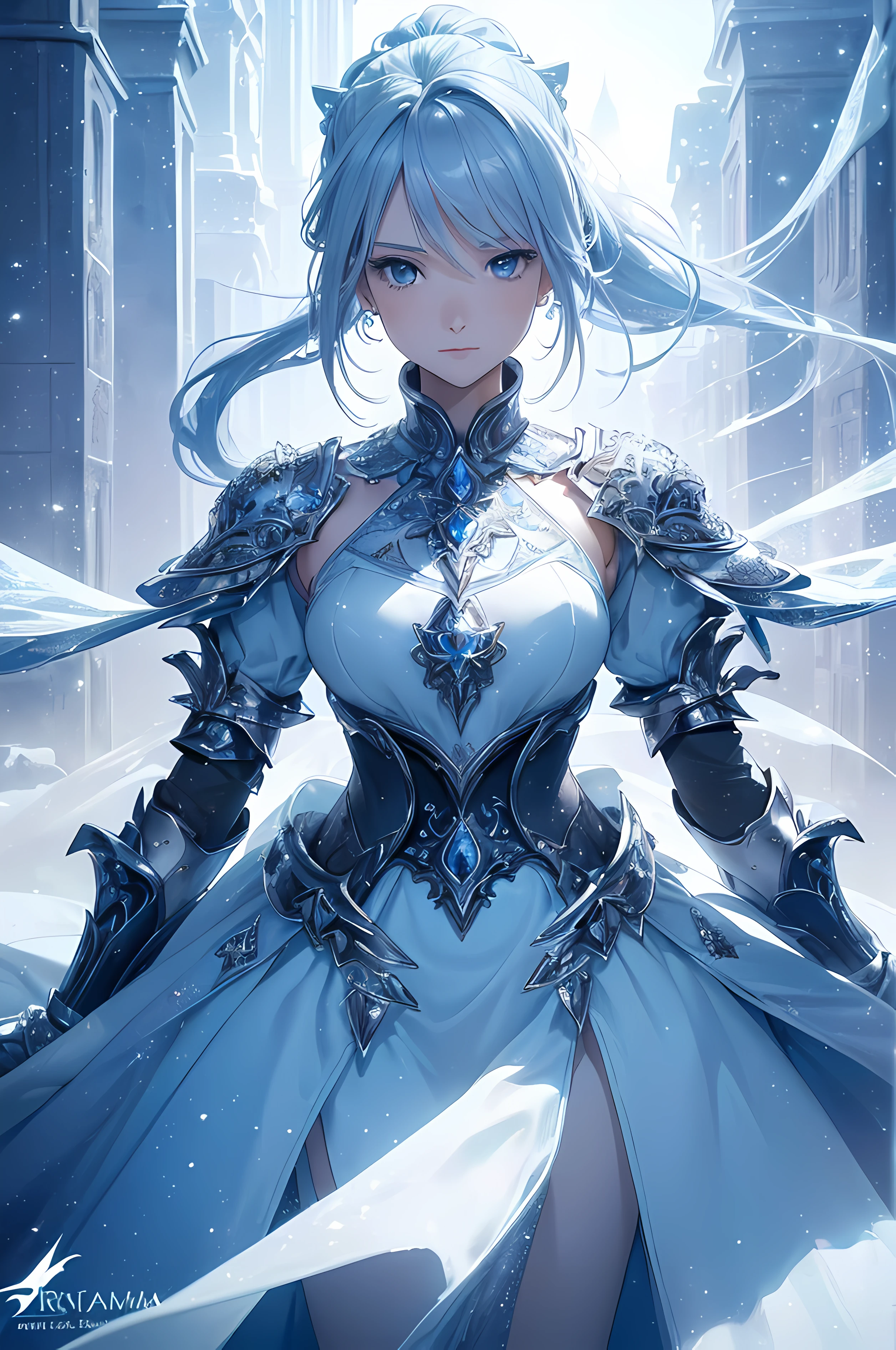 A beautiful woman, ((( ice knight, ice control, ice crystal, armor and clothes and mantle made using ice,  ice floatings around, elegance under the sun, movement motion, image look alive))), ((perfect body figure, beautiful face, beautiful face, milf, age 46, royal, soft blue color hair, ponytail hair style, beautiful skin, Extremely details hair, fine details)), (((cinematic lighting, beautiful lighting effect, creative design, full body frame, divine aura, hard harmony , shining light, perfect color transition, perfect balance of contrast, perfect color layer, perfectly smooth color blur, soft rendering, smooth color stroke, moon glare, optic lens, moonlight ray, soft colors, smooth colors blend, perfect color rendering, harmony, perfect color harmony, beautiful color, soft harmony, light particles, perfect details, intricate details, color prism, fine details, refine details, intricate armor details, fine armor))), Tachibana Omina art style, affectionate eyes, half a smile, slightly open mouth, a gentle expression on his face, serene scenery of beach with water magic performance under the sun, ice crystal, ice crystals floatings around, breeze and sunlight in the background, butterflies in the sky, realism, ((Best quality))),8k,((Masterpiece)),(Extremely refined and beautiful)