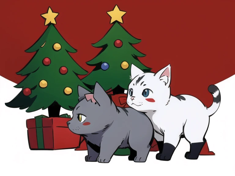 baby cat, christmas, christmas tree, simple background, flat colors, chiaroscuro.
