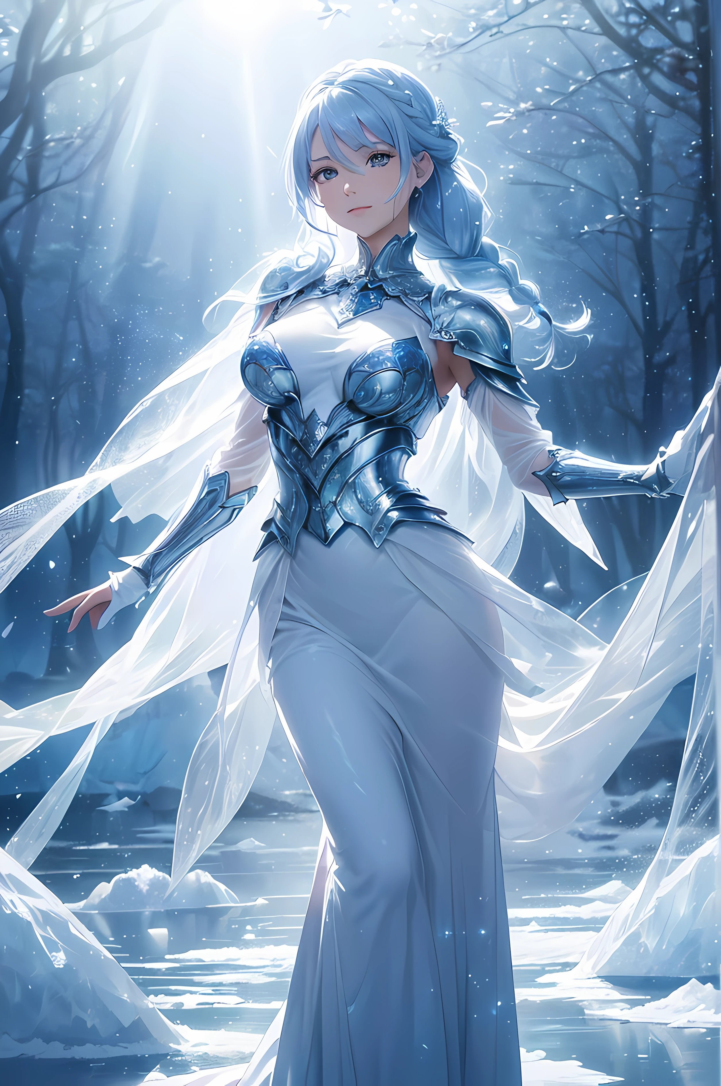 A beautiful woman, ((( ice knight, ice control, ice crystal, armor and clothes and mantle made using ice,  ice floatings around, elegance under the sun, movement motion, image look alive))), ((perfect body figure, beautiful face, beautiful face, milf, age 46, royal, soft blue color hair, braid hair style, beautiful skin, Extremely details hair, fine details)), (((cinematic lighting, beautiful lighting effect, creative design, full body frame, divine aura, hard harmony , shining light, perfect color transition, perfect balance of contrast, perfect color layer, perfectly smooth color blur, soft rendering, smooth color stroke, moon glare, optic lens, moonlight ray, soft colors, smooth colors blend, perfect color rendering, harmony, perfect color harmony, beautiful color, soft harmony, light particles, perfect details, intricate details, color prism, fine details, refine details, intricate armor details, fine armor))), Tachibana Omina art style, affectionate eyes, half a smile, slightly open mouth, a gentle expression on his face, serene scenery of beach with water magic performance under the sun, ice crystal, ice crystals floatings around, breeze and sunlight in the background, butterflies in the sky, realism, ((Best quality))),8k,((Masterpiece)),(Extremely refined and beautiful)