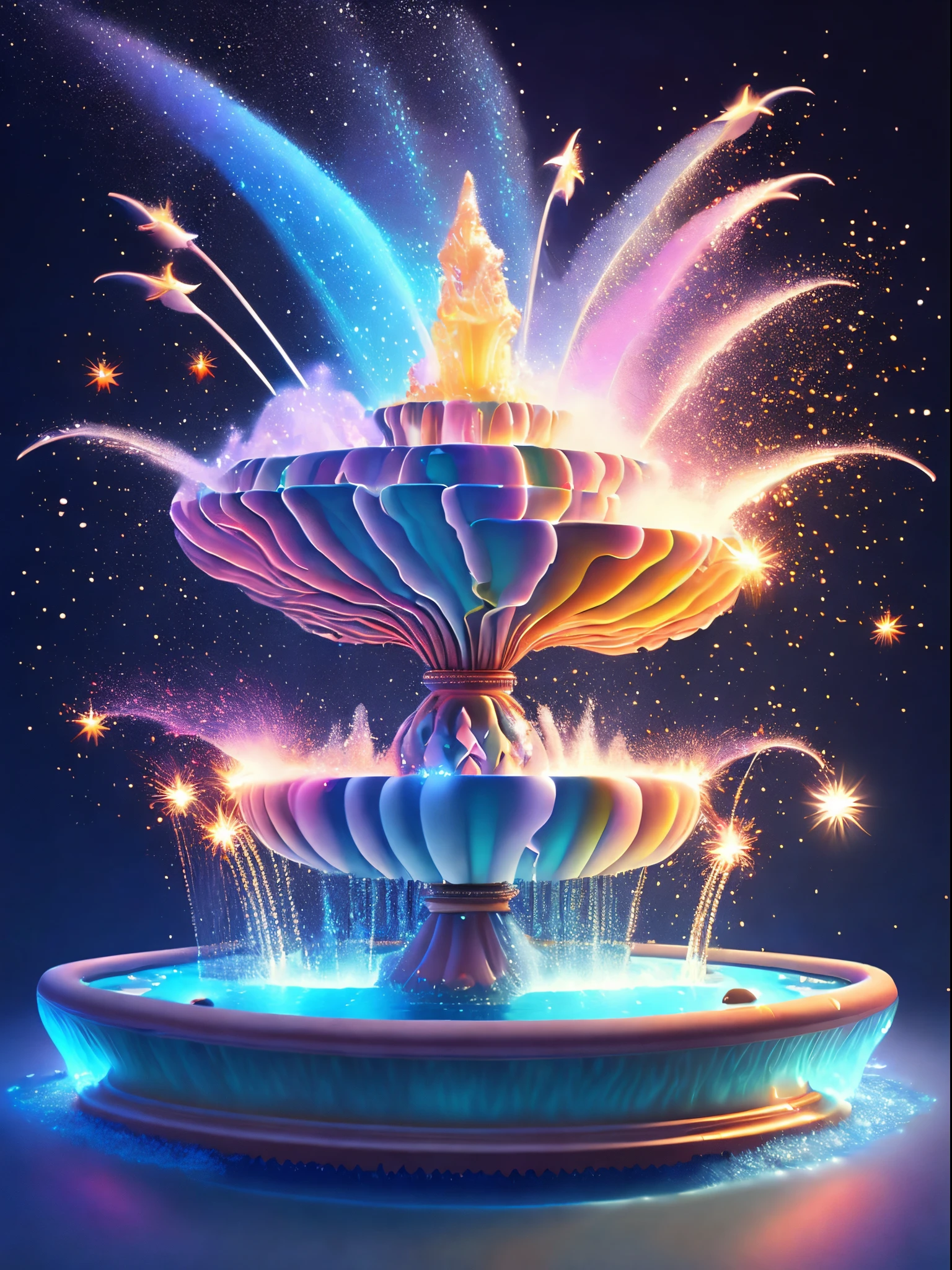 ((1 fantastic fountain，water jet eruption: 1.5))，a cartoon illustration，Stars twinkle in the sky，Shows vibrant color gradients。Immerse yourself in a mysterious world full of magical elements（Weight is 0.9）