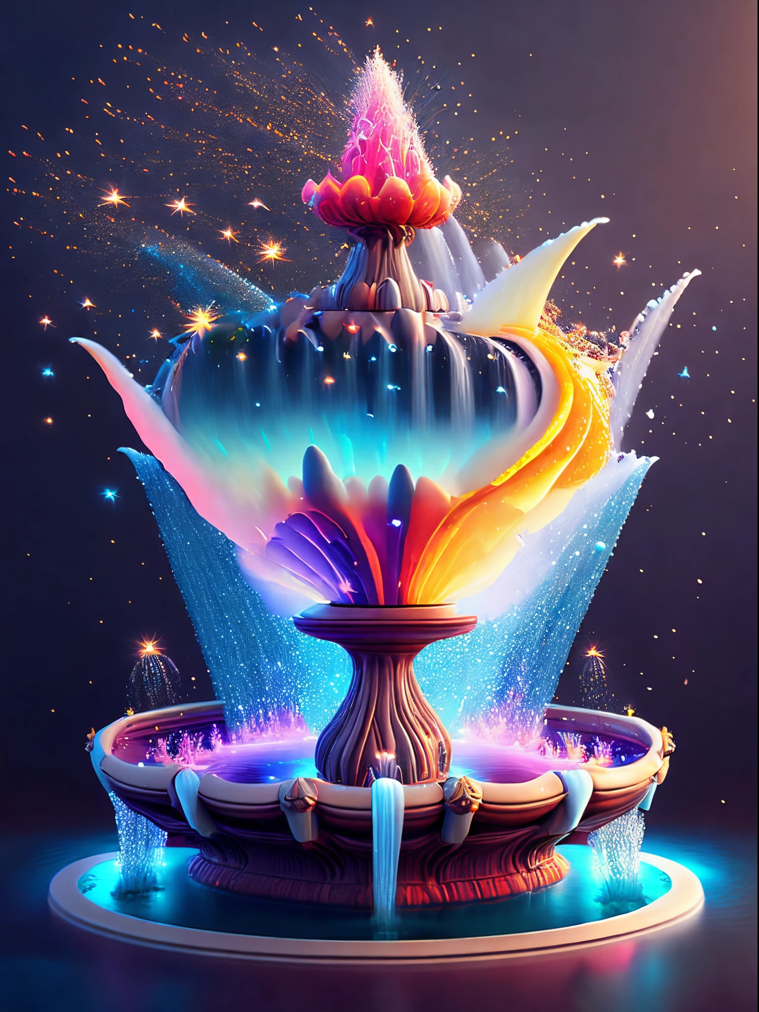 ((1 fantastic fountain,water jet eruption: 1.5)),a cartoon illustration,Stars twinkle in the sky,Shows vibrant color gradients。Immerse yourself in a mysterious world full of magical elements(Weight is 0.9)