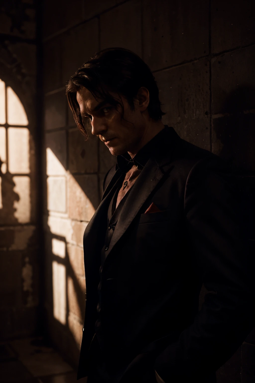 The man stood in the shadows, a symbol of the dark and twisted side of love. His mind a labyrinth of psychology, his actions a dance of manipulation. The deep red of his suit only adds to his enigmatic aura, as he stares at you with an intensity that is both alluring and unsettling.